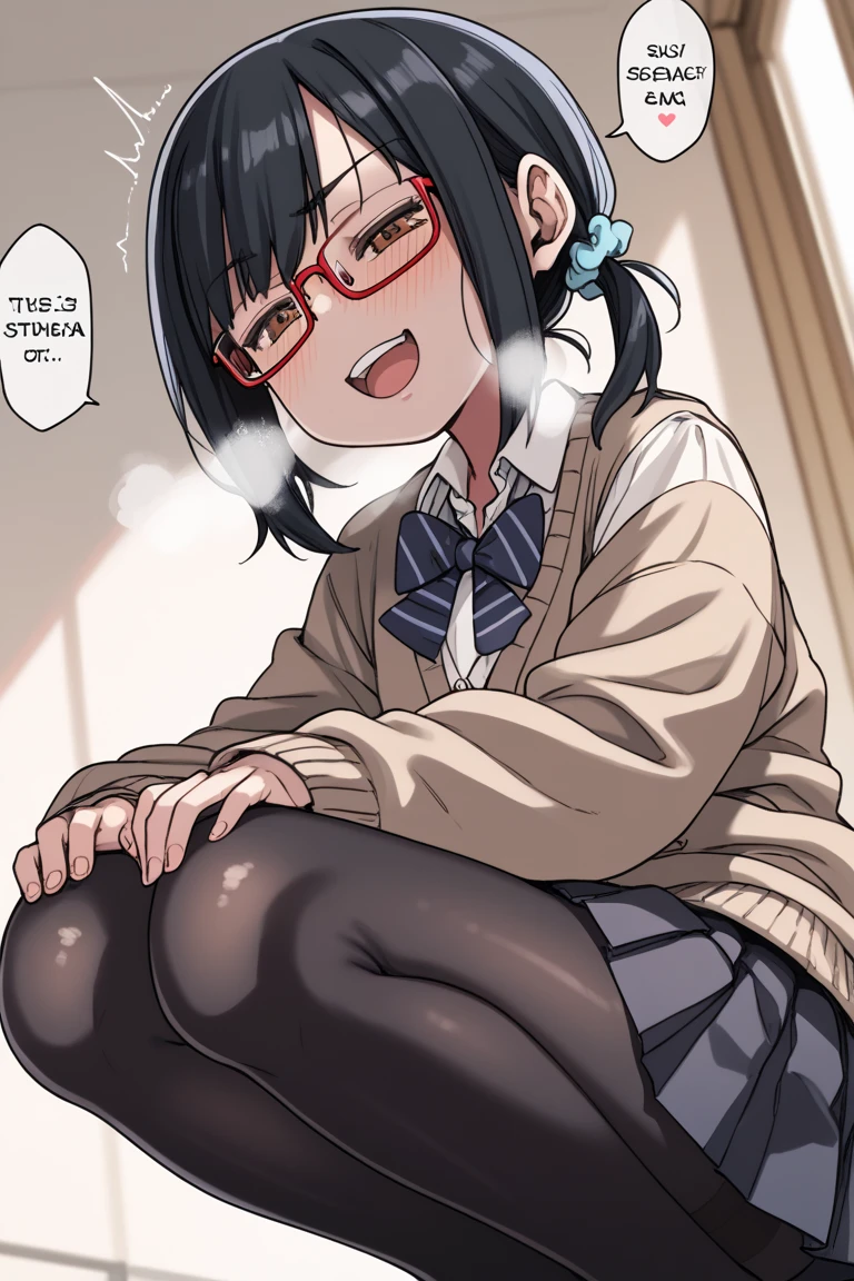 Library, expressionless , glasses, black hair, pigtails, masturbation, convulsions, wet crotch、Love juice, climax, shaking legs, slightly red face