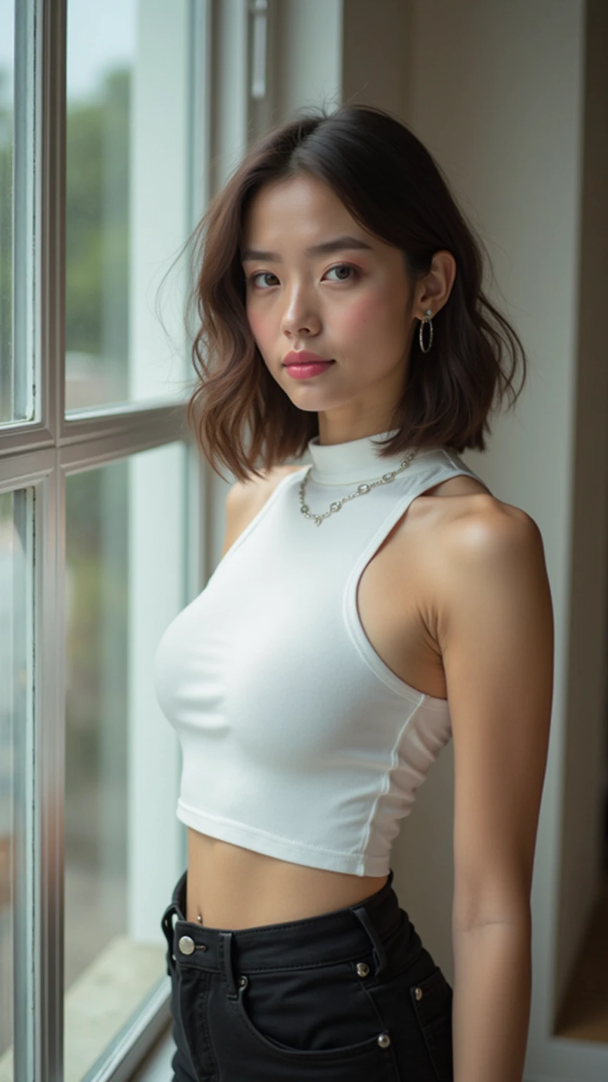 ( (((A beautiful woman))), (a romantic bedroom),(((detailed face))),(beautiful shoulders), perfect body anatomy, hands on hips, huge breasts,pretty,white sleeveless turtle neck, white silky clothes, pink mini-skirt, 4k , super high resolution ,(photo-realistic: 1.7), candle light background,black short hair, ((SFW)), SFW cowboy_shot, bokeh night.)