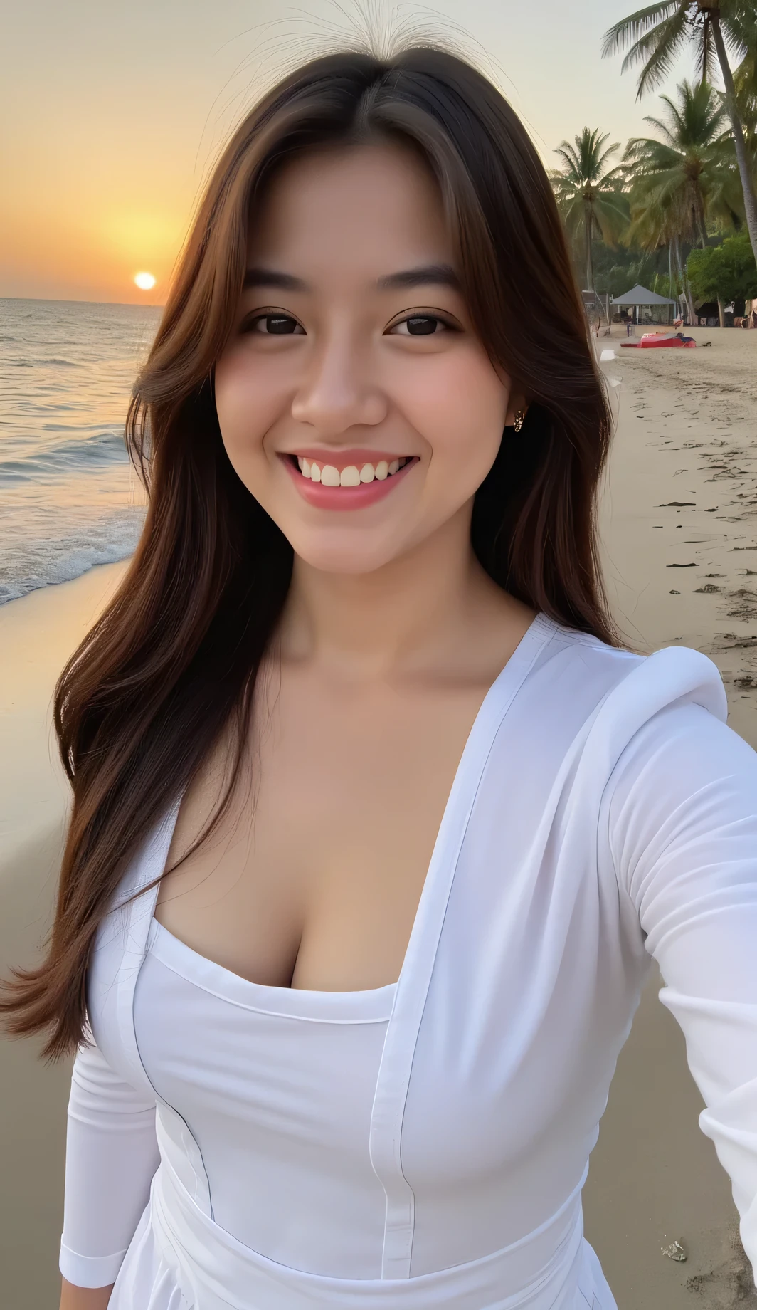 A beautiful indonesian female. 25 years old, Indonesian face. Long straight hair, loose hair, brown hair, side swept bangs, hair covering ears. Chubby body, wide hips, white skin, big breasts. wearing white midi dress, tight cleavage, earrings. Above view, high angle, facing forward. Standing facing forward, smile showing teeth, head tilted slightly, look at viewer, close-up selfie. In the beach in the afternoon, background overlooking a blue sea waves, lots of coconut tree, Orange sky, sunset, back sunset light. Overall very detailed, Hyper quality image. HD resolution. Ultra high realistic image. 16k. Ultra details. Orange saturation