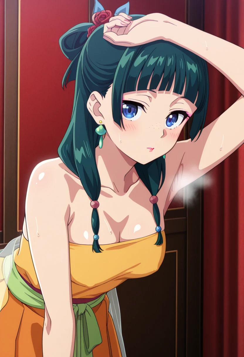 The situation is lying about sex.. and open the legs. lying down having sex in the vagina. Vagina and female genitals.All in all,Dark green hair,blue eyes,hair accessories, bun, earring,earring,Gold Necklace、red eyeshadow((Very realistic shading, table top, very detailed, realistic)),chest, tits, chestเล็ก,sexual intercourse,cute,titsสวย,