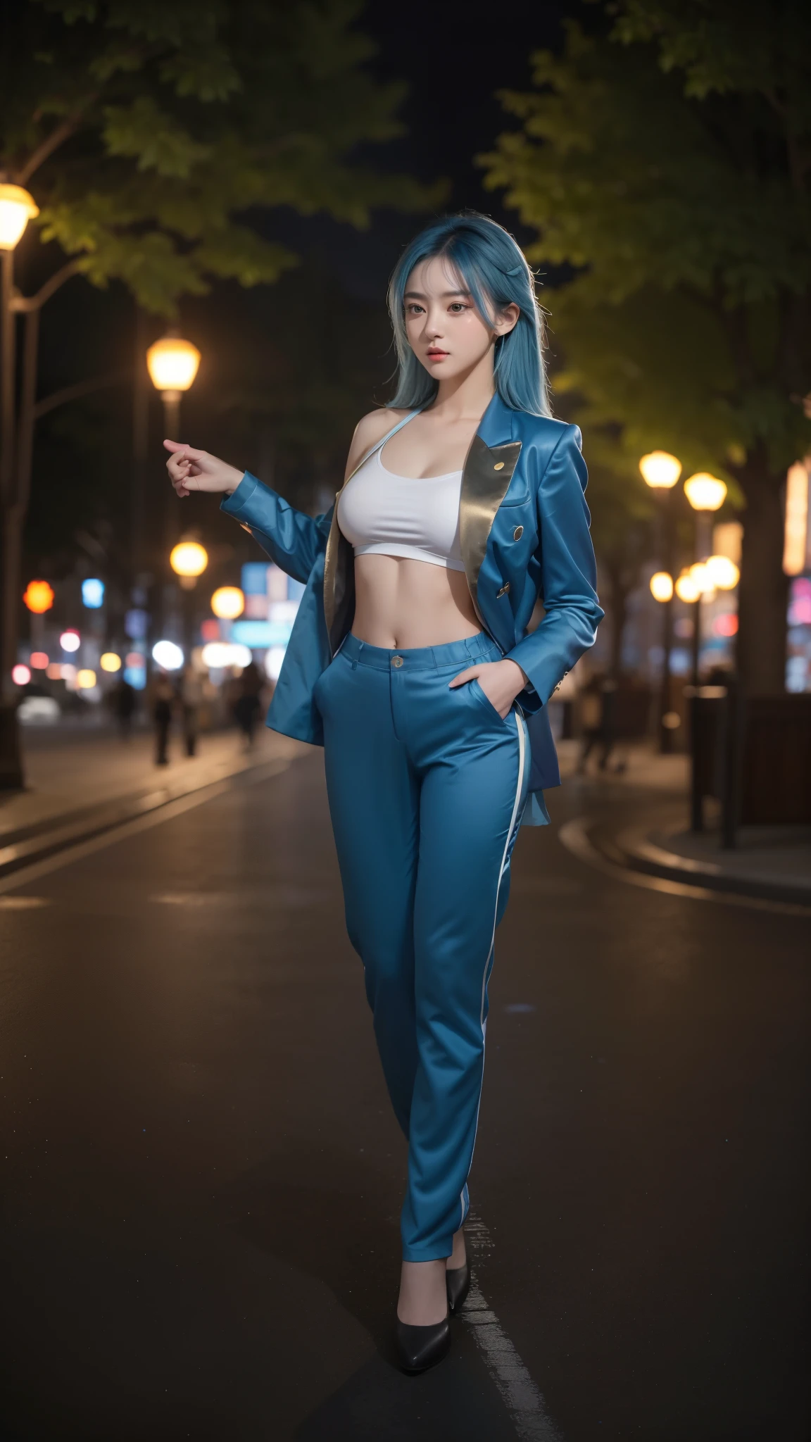 Masterpiece, 8K, Best Quality, Intricate Details, Ultra Details, Ultra High Resolution, (Makeup: 0.4), (Feathery black eyes: 1.21), ((Full body)), ((Muscles: 1.1)), ((Daytime: 1.3)), Standing, HDR, Ultra Detail, EF 24-70mm f/2.8L II USM, Best Quality, High Quality, 1 Girl, Japanese Girl, Cute, Beautiful, Charming, (Cosmic Big Breasts), 20 Years Old, A Korean woman with shoulder-length blue hair, ((blue hair)), neatly dressed, wearing a tight violet shirt, tight violet pants, and a tight violet blazer, with intricate details, like a career woman. The character stands upright, slightly leaning forward to display a combat-ready stance. His legs are shoulder-width apart, with one foot slightly advanced over the other, providing a strong balance. The right hand is clenched and slightly bent downwards (a heroic pose), as if ready to fight or defend itself. The left hand holds a golden harp, raised slightly to the side with fingers that appear ready to pluck the strings. The head is facing straight ahead, with a sharp and serious gaze, exuding an aura of determination and readiness. The background is an outdoor environment with urban elements and green trees. There are several lights or streetlights that create a bokeh effect in the distance. The street looks clean, and the atmosphere feels like evening with soft and realistic natural lighting.
