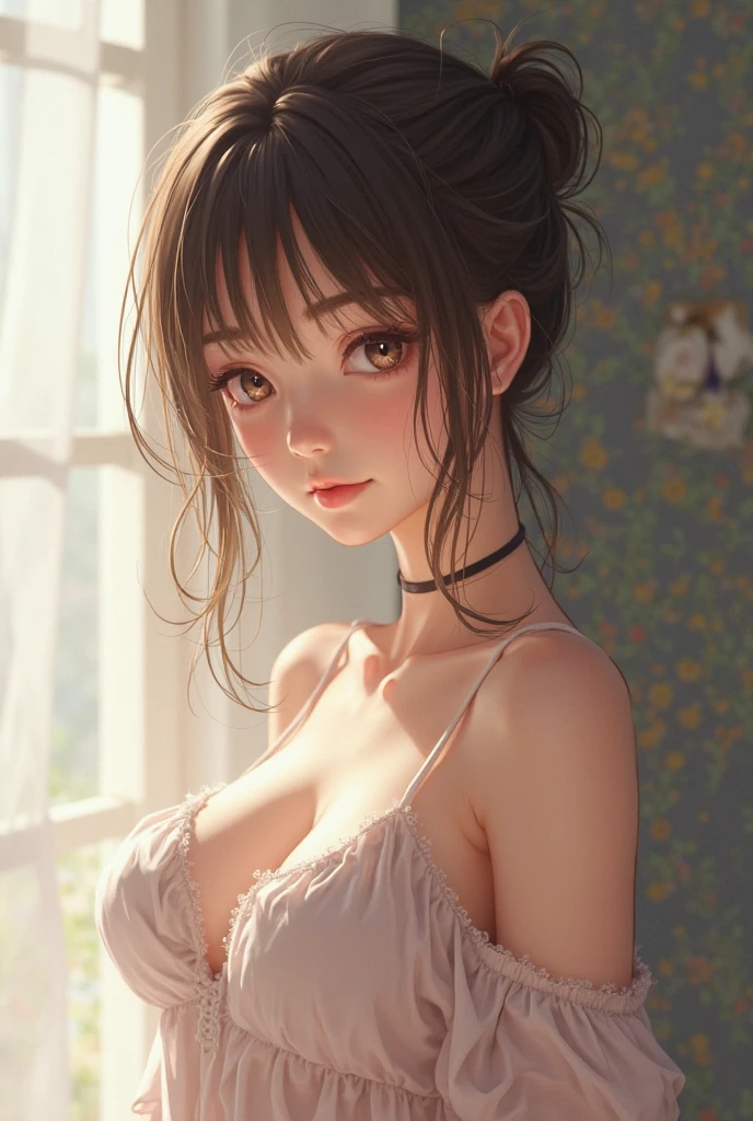 light-brown hair, small breasts, slim waist, thick thighs, shapely butt, slim body, ponytail, tight blouse, long skirt, cleavage, necklace, seductive posture, breast squeeze, downblouse, leaning forward, park, path, trees, flowers, distant city in the background, looking at viewer, (((nudist))), (((medium chest))), (((cutesy))), (((children print panties))), (((comedy))), (((funny)))