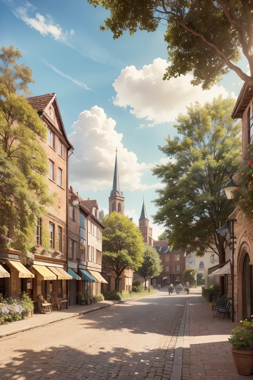 sunny day landscape, atmospheric sunny village, detailed brick buildings, 4K, high resolution, photorealistic, professional landscape painting, detailed brick buildings, lush greenery, cobblestone streets, picturesque town square, old-world charm, warm sunlight, soft shadows, vivid colors, intricate architectural details