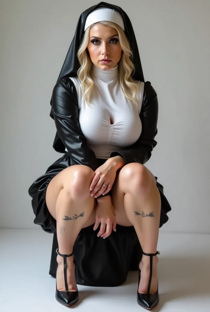 ((best quality)), ((masterpiece)), (detailed), 1girl,perfect body , naked, in church , opening her legs, ponytail, big breast, very wet skin, shiny nipple, happy face, very rainy, full body, black high heels, have many tattoos, show her armpits, lift her legs, wear black hijab
