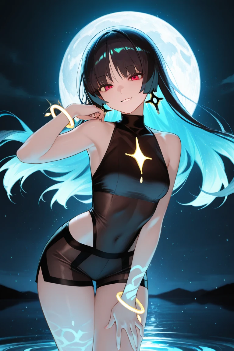 Woman with black eyes, long black hair, white blouse with black stars, black jacket with stars, leotard, bare legs, purple stellar energy around, cosmic power, cosmic shining power. black hair, black eyes. Shooting with your finger, making a gun with your finger.