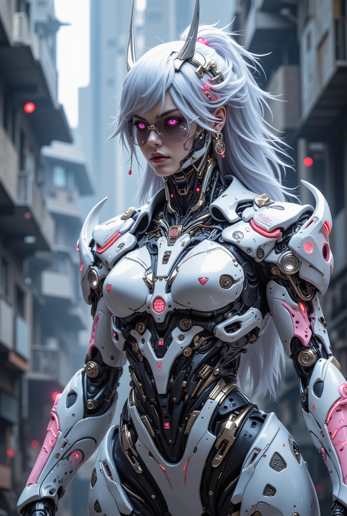 (( best quality)), ( great piece, high quality, high resolution, Realistic Image, photography, Details, no facial tattoo ), 1, a white Chinese female demon warrior, a gang fighter , between 30 and 36 years old , 8k_ wallpaper , extremely Details eyes, ( large digital art ), ( Detailsที่ซับซ้อน:1.3 ), (ultra- Details:1.3), (sharp focus:1.3), ( natural light:1.05), (Colorful:1.3), ( best quality:1.4), HDR, Studio light , Wear sunglasses, has electric currents and flames all over the body , Details face, ,Put on the crown, ((Blue and white hair in a modern style)), (Wear sunglasses), {{light Neon blue}}, ({Smooth shiny chrome }), (big breasts), ( wider scope :2.4), big wide ass, ,Wearing a fashionable hat and fashionable glasses , , strong and strong arm muscles, ,She wears a Chinese female warrior fantasy space nano-armor mixed with bodybuilders, White And Transparent Body , Cyberpunk hair , Wearing White, Gold, and Pink Armor ,Wear sunglasses เกราะหนาและหนักที่มีลวดลายเรืองแสง.heart,Skull,triangles,square, cross , มงกุฎและAccessories , wears high-heeled shoes with glowing red patterns , Wearing a big , Fashion Rings and Glasses ., Best Quality , high resolution , ที่มีbig breasts, , Crystal Earrings , Multi-angle Photos , wearing high heels and standing on a building . Accessories , Accessories ดาบยาวสิบอันปลายแหลมเป็นประกายสว่างสีฟ้า, She wore high-heeled shoes, standing on a wide field of cyberpunk., Futurism , unsurpassed reality , hyperrealism , movies,, ,