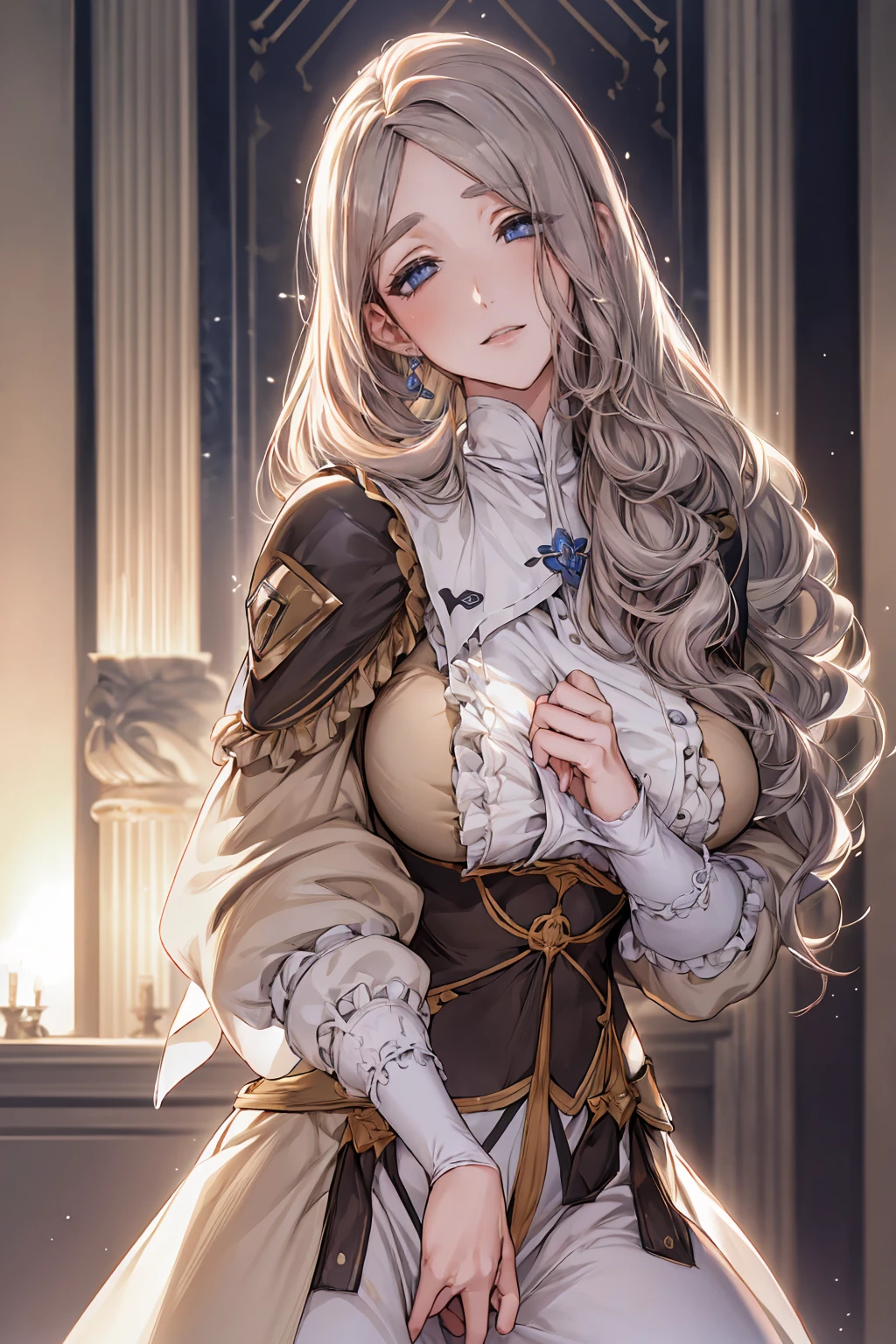 ((Highest quality、High resolution、Highly detailed CG Unity 8K wallpapers))、Portraiture、Detailed face、Perfect body ,tight:1.3, Unparalleled beauty、Curvy but slender body, Perfect Eyes, Perfect Face, Perfect lighting, High Quality Clothing、1 person, Detailed indoor background、Long Hair, Curly Hair, High Quality Clothing, Bright and beautiful face、like々White, radiant skin、Ultimate beauty、The most beautiful in the world明るいブロンドの髪、Thin Hair、Super long straight hair、beautiful shiny bangs、The Shining, clear, Big Blue Eyes、Very beautiful and lovely girl, The most beautiful in the world、Big and ample breasts、、Beautiful thighs、Sexually excited expression、A sexy dress with intricate details、(((To sexually seduce)))