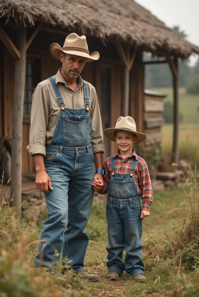 Create an image of a farmer with his son, approximately 10 years old., con un fonde hortalizas