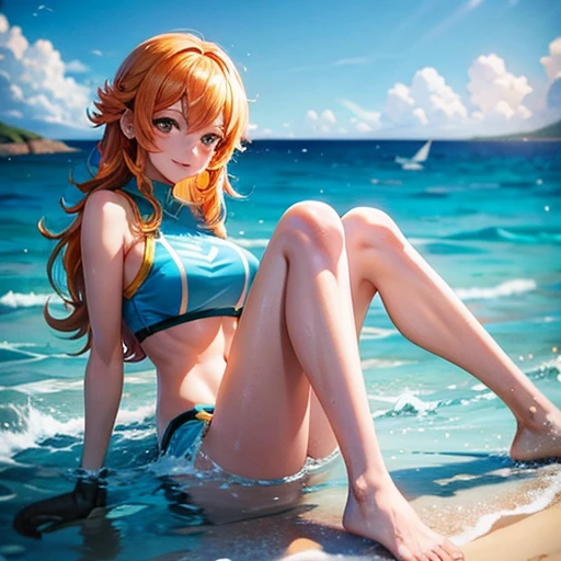 (illustratio), (high resolution), (8K), (highly detailed), (The best illustrations), (beatiful detailed eyes), (top-quality), (​masterpiece)、(((Orange hair))), blue eyes, perfect breasts, , 1girl, ((belly pudge)), blush, small breasts, bright pupils, scared girl, (perfect anatomy) ((adorable girl)), Orange hair, Juicy ass, perfect face, Perfect mouth, Perfect face, Perfect eyes, Perfect nose, Embarrassed eyes, Beautiful body, Perfect eyes, Beautiful eyes, perfect breasts, perfect ass, Perfect breasts, Perfect armpits, perfect hands, perfect feet, perfect legs, distress, (perfect nipples) no bra, Perfect anatomy, 1girl (((buttcrack))) (masterpiece, best quality), fair skin, redhead hair, wavy hair, waifu freckles, (messy hair) thick thighs, (((diminutive waist))), birds eye view, pov, high angle, (Beach, Palm trees:1.3), Beach, clear water,(Blue sky, cumulonimbus clouds:1.3), ((cartoon arstyle)) ((small crab in the background)) ((white bikini)) ((vaginal)) ((accidental eposure) (((squatting down))) (((squatting)))