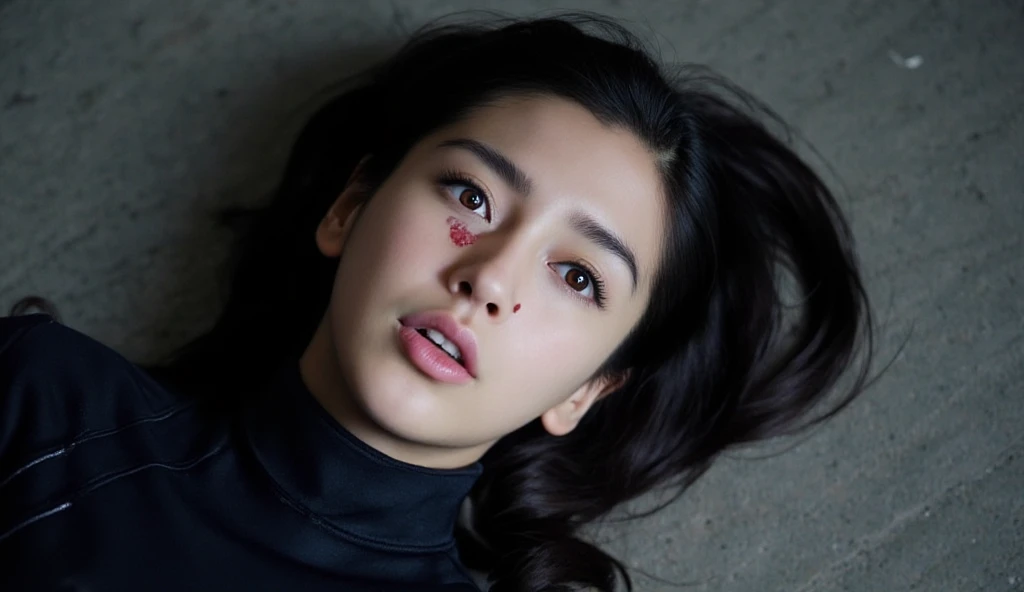 Undead Sasha Grey on her knees, forced oral sex, (oral rape:1.3), Sexual violence, hand on her head, holds her by the hair, (traces of beatings on her body:1.2), torn clothes, Sexual slavery, hellish torment, demon pissing on her face
