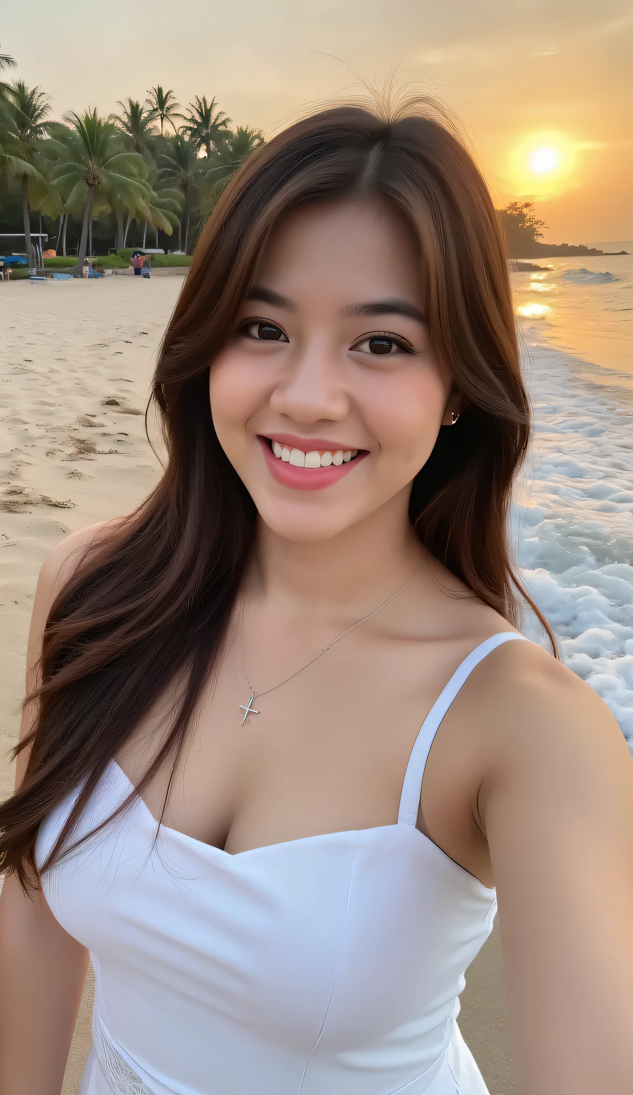 A beautiful indonesian female. 25 years old, Indonesian face. Long straight hair, loose hair, brown hair, side swept bangs, hair covering ears. Curvy body, white skin, big breasts. wearing white midi dress. Above view, facing forward. Standing facing forward, smile showing teeth, head tilted slightly, look at viewer, high angle selfie, close-up selfie. In the beach in the afternoon, background overlooking a blue sea waves, lots of coconut tree, Orange sky, sunset, back sunset light. Overall very detailed, Hyper quality image. HD resolution. Ultra high realistic image. 16k. Ultra details. Orange saturation