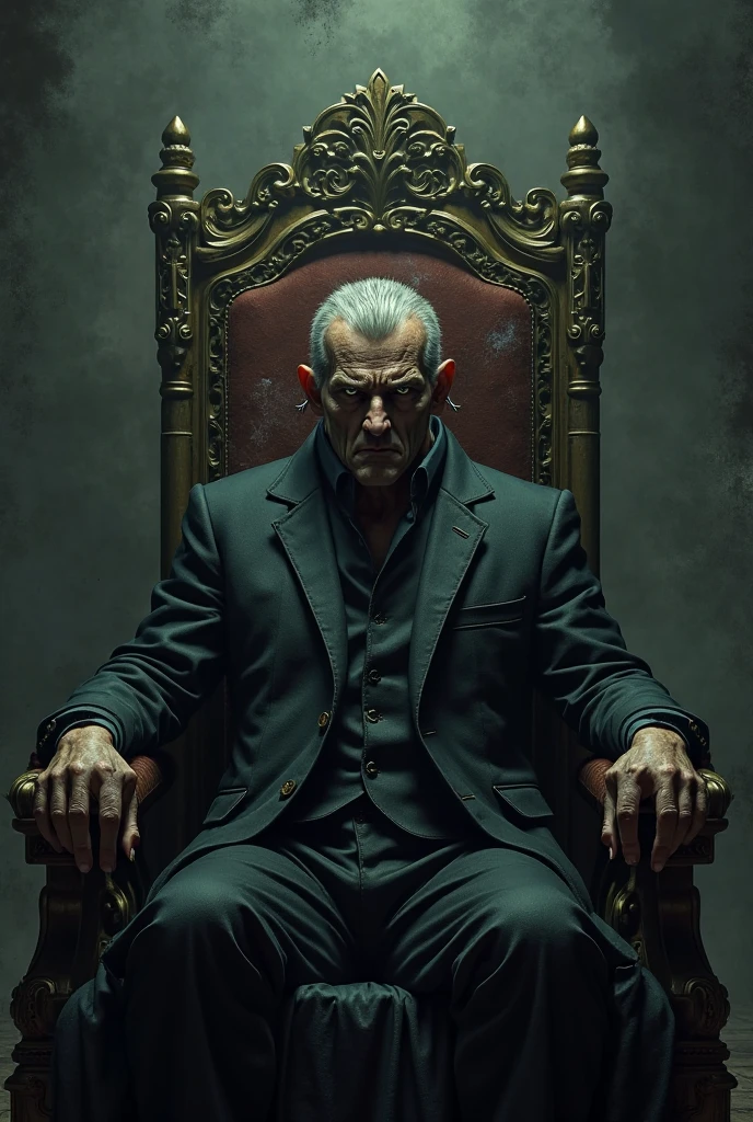 intricate detailed zombie,man with cigarette in mouth,sitting on victorian style armchair,gothic style living room,painting of demon portrait on wall,skulls on floor,(best quality,4k,8k,highres,masterpiece:1.2),ultra-detailed,(realistic,photorealistic,photo-realistic:1.37),dark moody lighting,dramatic shadows,cinematic composition
