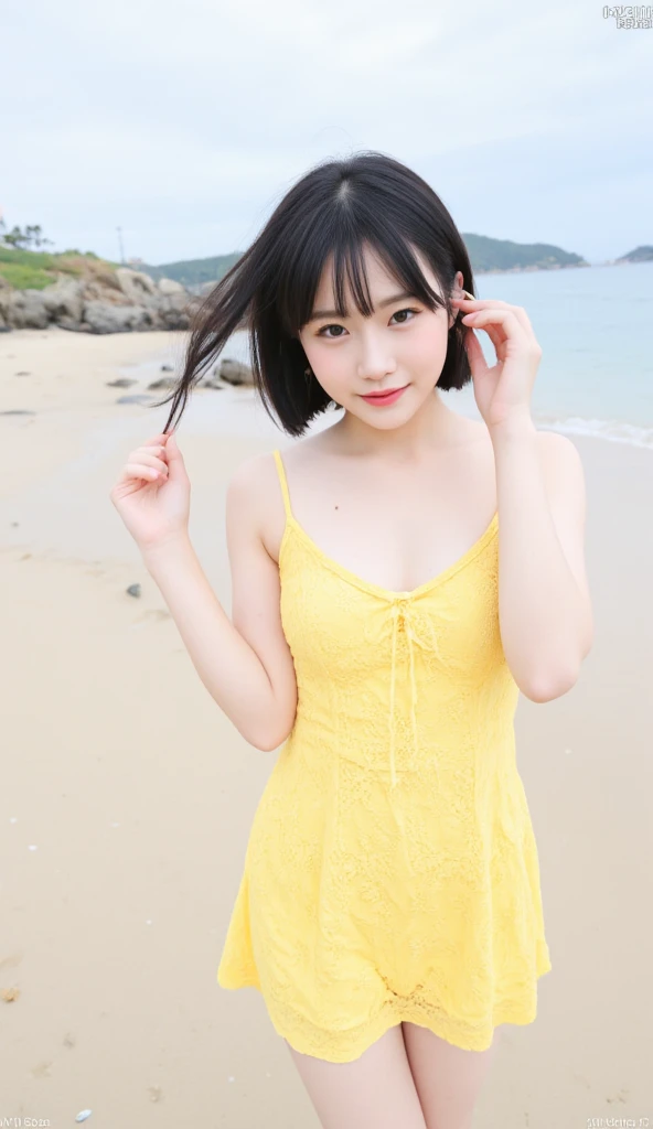 8k,Japanese,6 ,innocent face,teenage girl,cute,summer clothes,everyday wear,sitting,black hair,sandy beach,coastline,hair clip,day view,starry sky