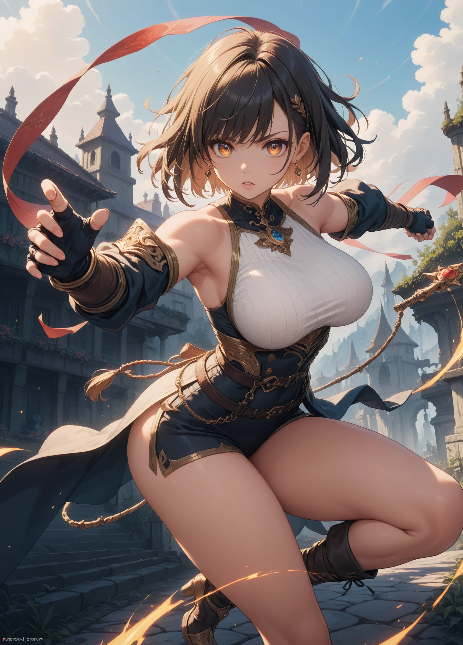 ((best quality)) , ((masterpiece)) , (detailed),Pyrogravure of a masterpiece, Functional (Female Ifrit:1.2) in a Oriental setting, dressed in armor, Sharp and in focus, Proud