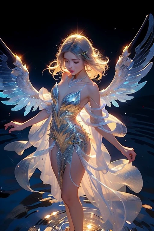 1girl,glowing,silk dress,see-through,elegant,lazy,wind,floating hair,white hair,night,spinning,dynamic pose,dynamic angle,necklace,jewel,glitter,full body,glowing wings,from above,ripples,standing on lequid,drop of water,