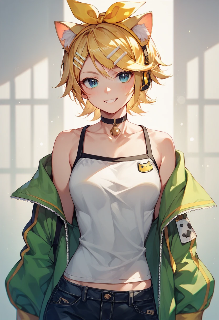 （One girl）、((short hair))、((Blonde))、（Sato Air)、((boyish))、cute、((Dairy-free))、(Wizard)、black stick pants、White sleeveless、black gloves、say、green eye、arm behind back、(coarse hair)、[flipped hair]、White Background、