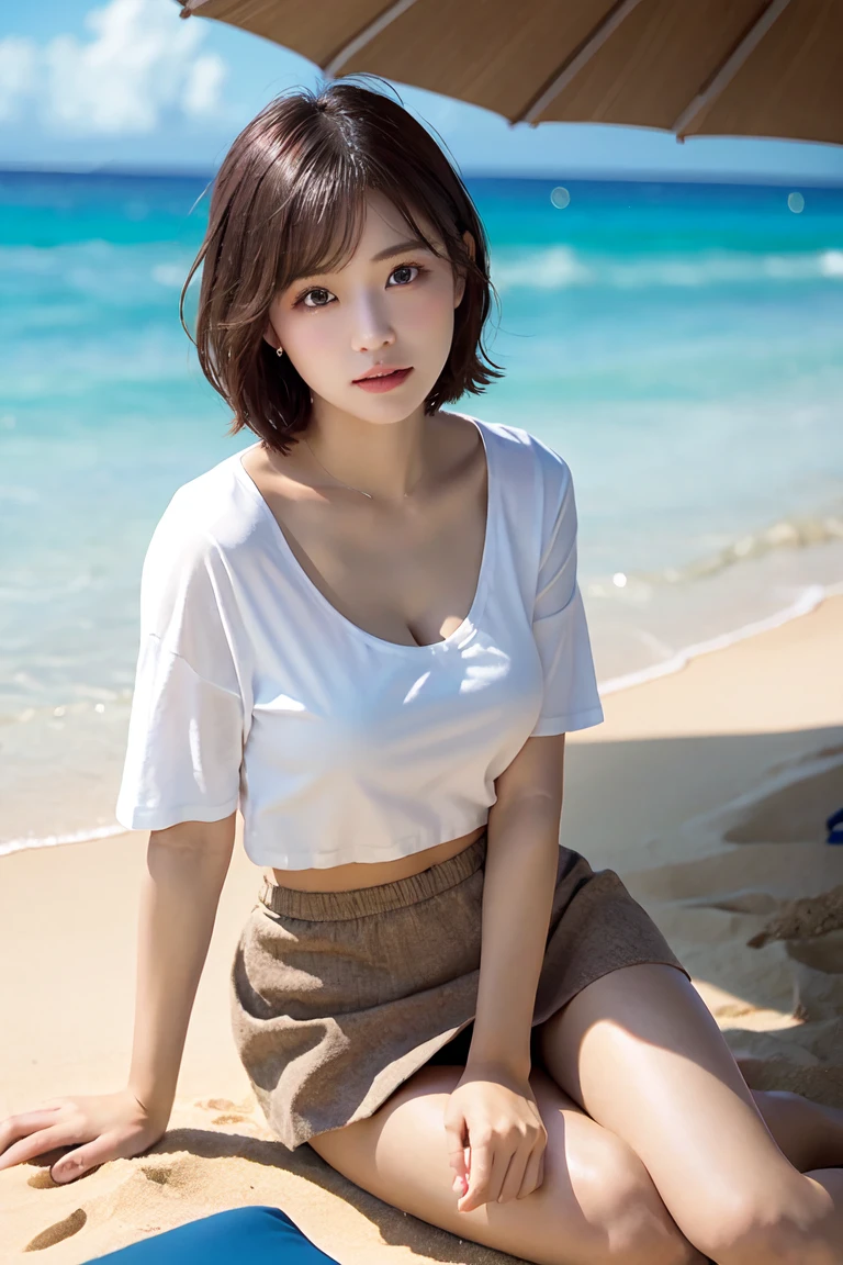 ultra highres,(reality: 1.4),highest quality, masterpiece, high detail, 16K quality, beautiful, 1 beautiful girl,japanese,super beautiful face,baby face,japanese idol face,cute face,super detailed face,detailed hand,beautiful skin,sweaty skin,big eyes,big smile,profeccional lighting,short hair,black hair,brown beautiful eyes,(sitting with knee up),spread legs,(skirt lift),(white panty),medium breasts,see through white shirt,open button,(black check skirt),high socks,she is looking at the camera,beach,blue sky,blue ocean, nsfw,