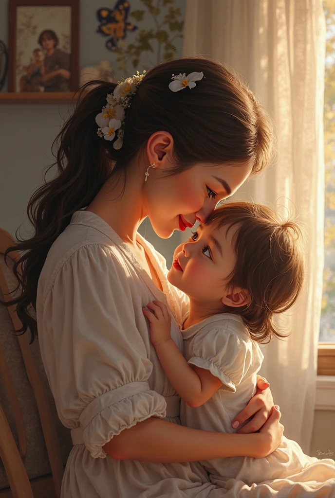 A mother holds her  in her arms, her lips kiss her child&#39;s cheek, Des images chaleureuses, Illustrations, style plat --auto