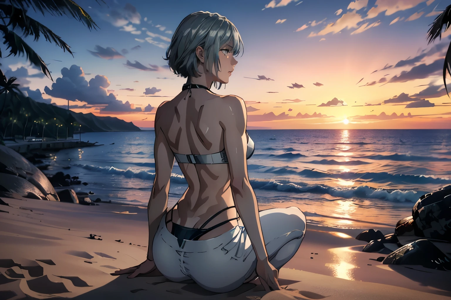 Girl, on a beach, wearing a white bathing suit, 4k, sea in the background