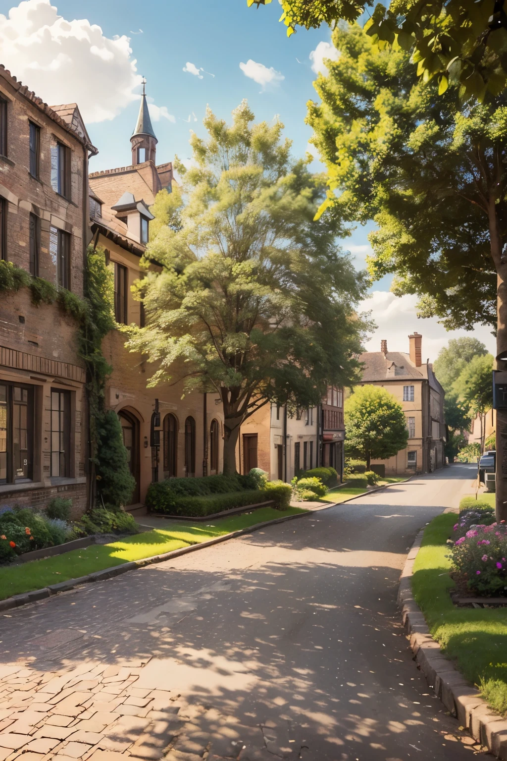 sunny day landscape, atmospheric sunny village, detailed brick buildings, 4K, high resolution, photorealistic, professional landscape painting, detailed brick buildings, lush greenery, cobblestone streets, picturesque town square, old-world charm, warm sunlight, soft shadows, vivid colors, intricate architectural details
