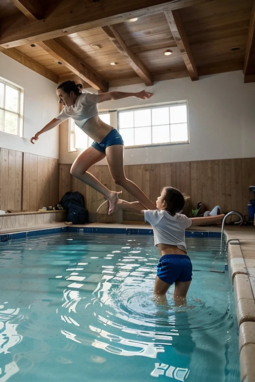 Little girl diving on the high platform of the pool