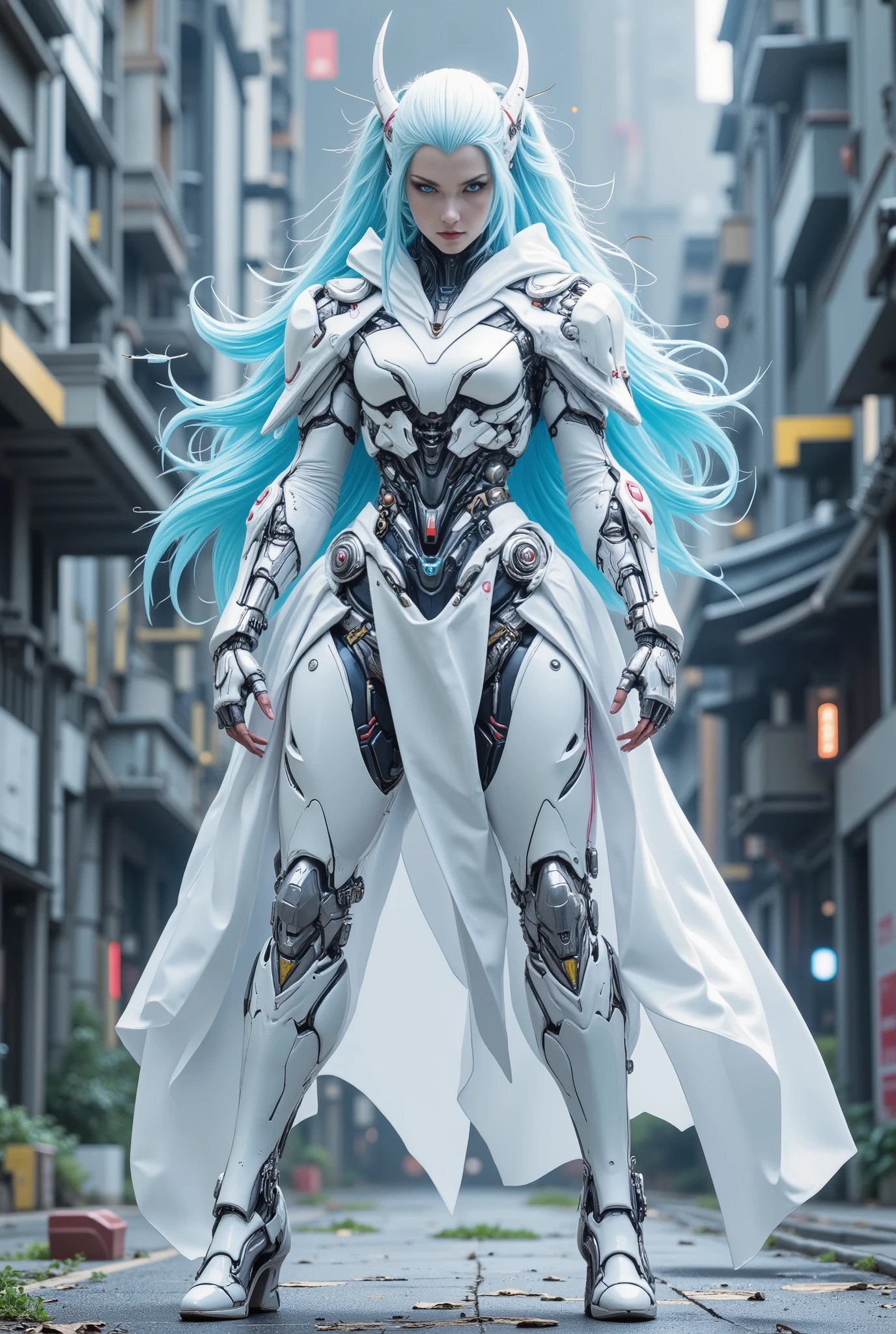 (( best quality)), ( Outstanding Works , high quality, high resolution, Realistic images, photography, Details, no facial tattoo ), 1, 一位is wearing white战袍的中国女性妖魔战士, A gang fighter , between 30 and 36 years old , 8,000_ wallpaper , extremely Details eyes, ( large digital art ), ( Detailsที่ซับซ้อน:1.3 ), (ultra- Details:1.3), (Clear Focus:1.3), ( natural light:1.05), (colorful:1.3), ( best quality:1.4), HDR, Studio Lights , Wear sunglasses , all over her body are electric currents and flames , Details face, ,Wear a crown, ((modern style blue and white hair)), ( Wear sunglasses ), {{light blue neon}}, ({smooth and shiny chrome }), (Big breasts), ( wider range :2.4), big ass, ,standing on a building in high heels , , strong arms, ,A Chinese female demon fighter in a white battle robe, white and transparent body , Cyberpunk Hairstyle , is wearing white, Kaneko, and pink armor , Wear sunglasses เกราะหนาและหนักที่มีลวดลายเรืองแสง.Heart,skull,triangle,square, fork , มงกุฎและAccessories , standing on a vast cyberpunk-style field , Wear a shiny, smooth, and reflective polyester fabric with a big , fashion rings and glasses ., best quality , high resolution , ที่มีBig breasts, , crystal earrings , Multi-angle photos , Details . Accessories , Accessories ดาบยาวสิบอันปลายแหลมเป็นประกายสว่างสีฟ้า, She wears high heels , A Chinese female demon fighter in a white battle robe., futuristic , unparalleled reality , surrealistic , Movie,, ,