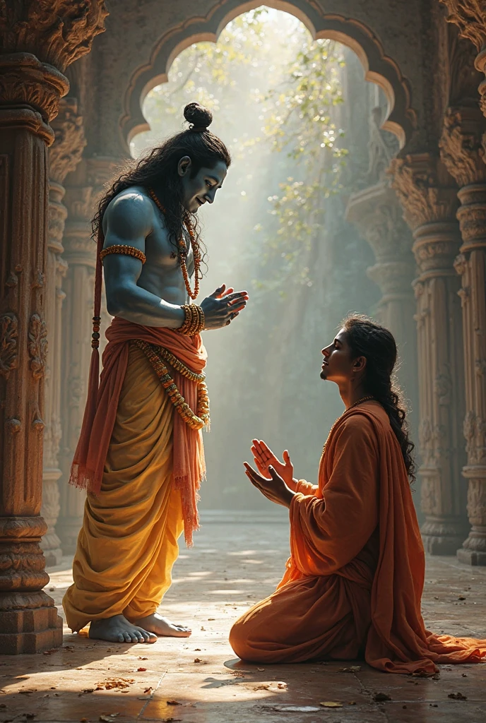 Lord Krishna teaching philosophy to a young man in this modern world