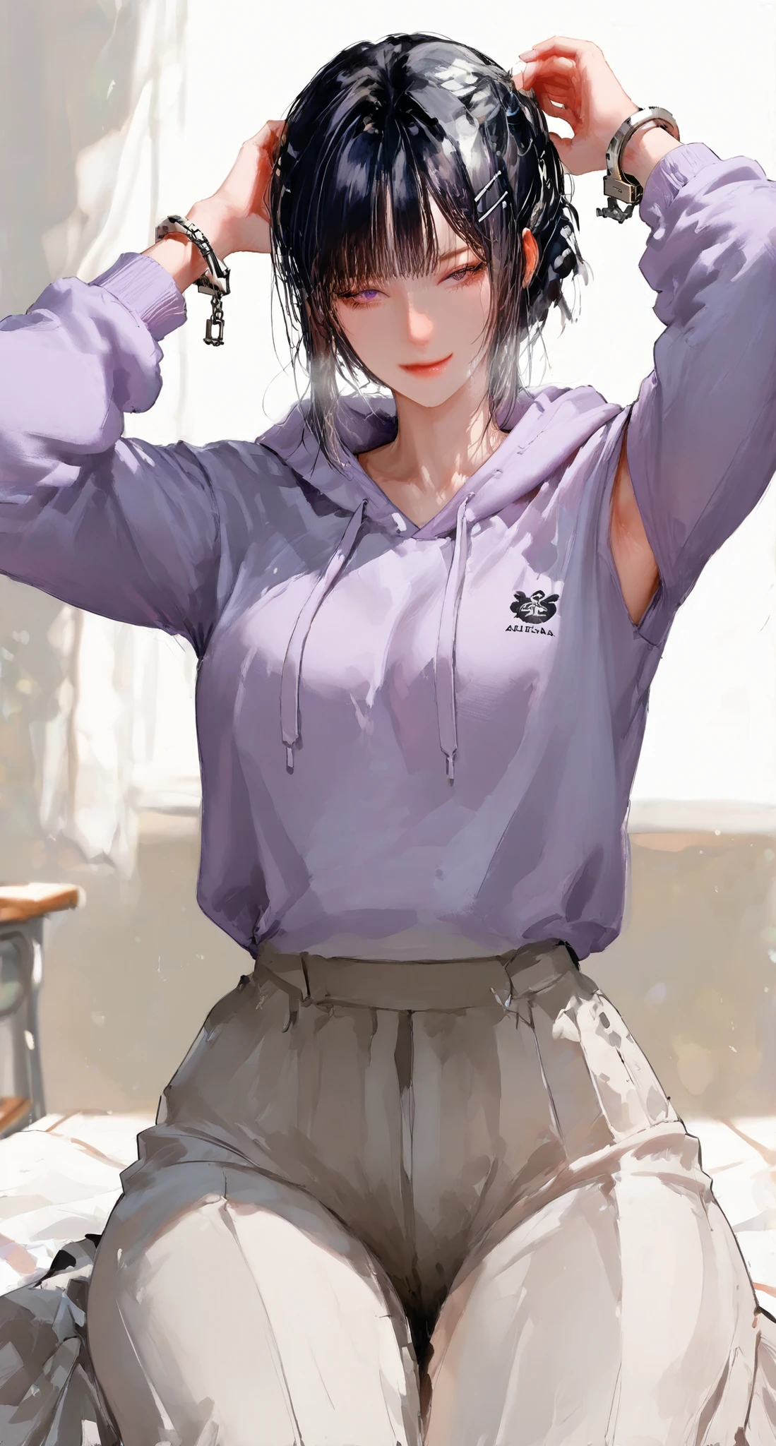 1 girl，hairpin hairstyle，black hair, Cold,       high detail,  realistic photo，   high details, high quality, best quality, dark purple eyes, brunette,  beautiful, tall, emotionless,    ，｛hairpin hairstyle｝ , weakly happy    , medium,  Light purple eyes , ((feminine )), ((   handsome female face)),     handsome, bite_1024, ( wearing a light purple hoodie),     masterpiece, full body, alone,    blurred background    ， white background, Cold expression (close up),  light atmosphere  , background classroom，1 girl, , perfect face, White hair，，extra thick thighs，Full image，extra thick thighs，hair that highlights the thighs  ，light purple hoodie，tall，tall ，cicadas are lying down slightly now，   long pants，light gray-blue Japanese pants，｛    long pants｝，take a light blue rose， Eyes and Lips 、 bangs、smiling skin、eyebrow、Meat quality。Lower eyelashes，   normal neck   ， medium  ，armpit，charming smile，衣服Armpits破口，｛Real face with clear facial features｝，South Korea，Armpits， and handcuffs，Clothes connect to cuffs，The presence of cuffs to connect clothes，Tall，Layered pants，Medium Breast，Long sleeve hoodie
