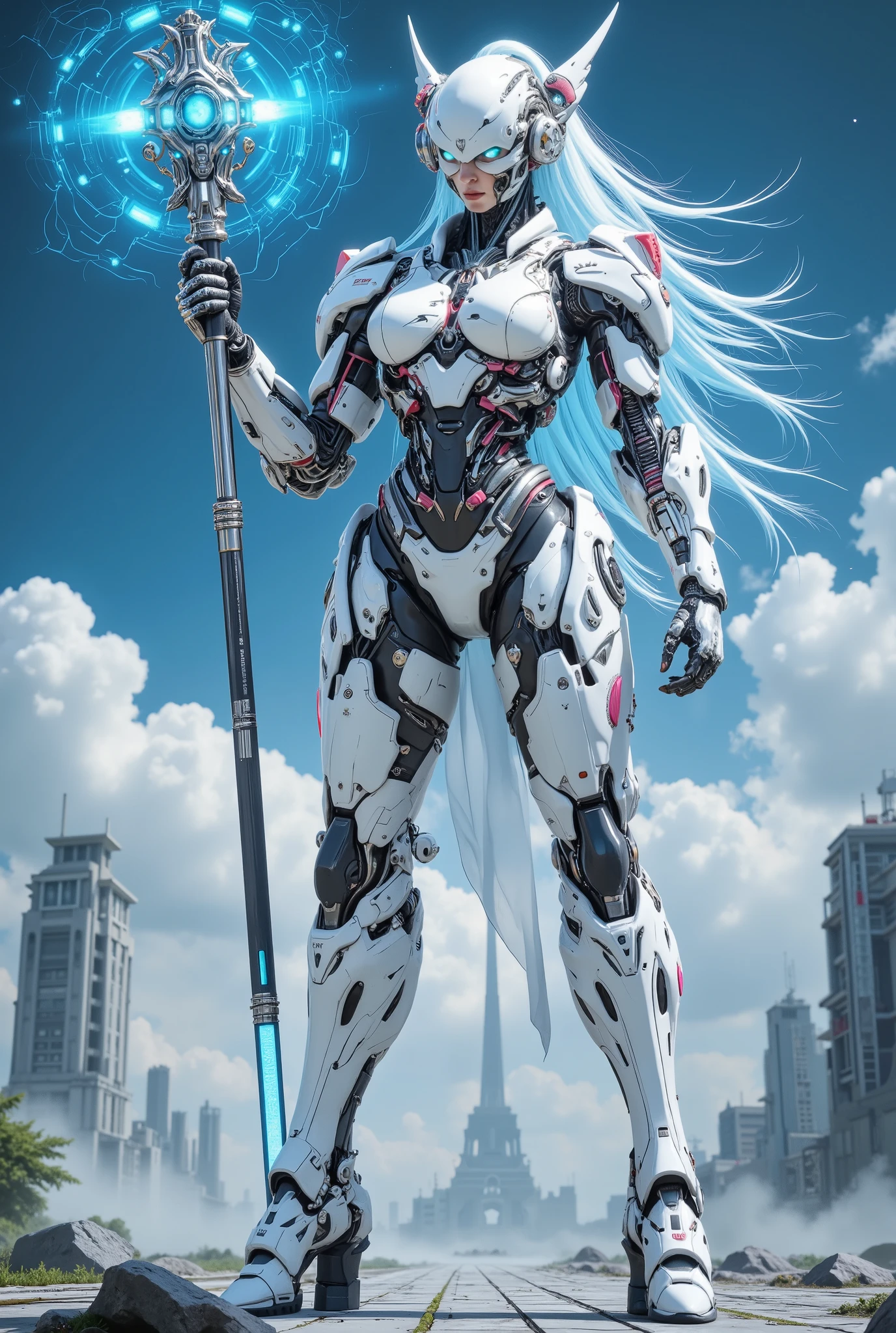 (( best quality)), ( Outstanding Works , high quality, high resolution, Realistic images, photography, Details, no facial tattoo ), 1, 一位is wearing white战袍的中国女性妖魔战士, A gang fighter , between 30 and 36 years old , 8,000_ wallpaper , extremely Details eyes, ( large digital art ), ( Detailsที่ซับซ้อน:1.3 ), (ultra- Details:1.3), (Clear Focus:1.3), ( natural light:1.05), (colorful:1.3), ( best quality:1.4), HDR, Studio Lights , Wear sunglasses , all over her body are electric currents and flames , Details face, ,Wear a crown, ((modern style blue and white hair)), ( Wear sunglasses ), {{light blue neon}}, ({smooth and shiny chrome }), (Big breasts), ( wider range :2.4), big ass, ,standing on a building in high heels , , strong arms, ,A Chinese female demon fighter in a white battle robe, white and transparent body , Cyberpunk Hairstyle , is wearing white, Kaneko, and pink armor , Wear sunglasses เกราะหนาและหนักที่มีลวดลายเรืองแสง.Heart,skull,triangle,square, fork , มงกุฎและAccessories , standing on a vast cyberpunk-style field , Wear a shiny, smooth, and reflective polyester fabric with a big , fashion rings and glasses ., best quality , high resolution , ที่มีBig breasts, , crystal earrings , Multi-angle photos , Details . Accessories , Accessories ดาบยาวสิบอันปลายแหลมเป็นประกายสว่างสีฟ้า, She wears high heels , A Chinese female demon fighter in a white battle robe., futuristic , unparalleled reality , surrealistic , Movie,, ,