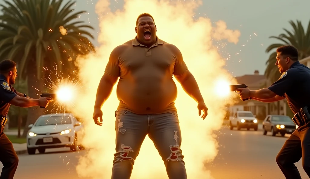 Fat bearded man in a wheelchair coming out of a fire with fire behind him screaming "you the one who gives me everything"