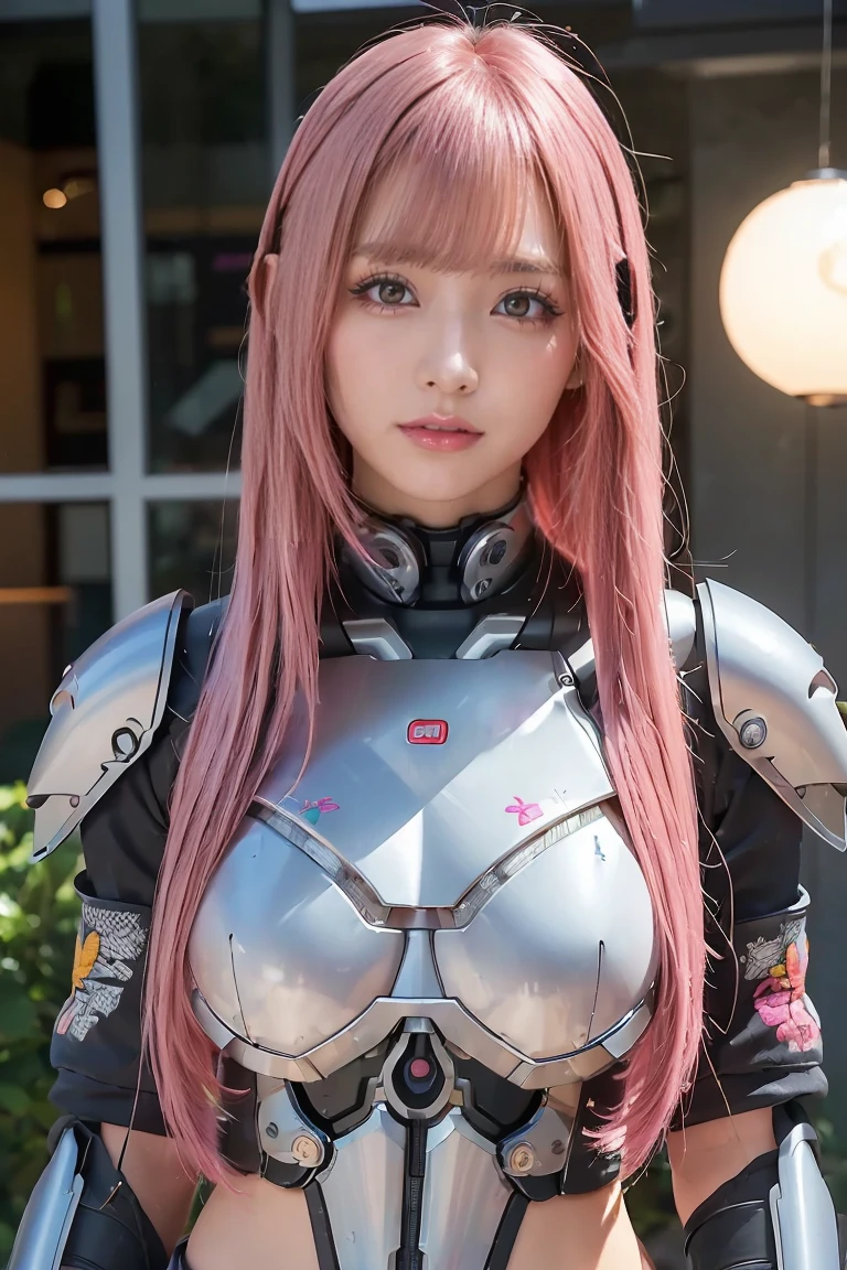 1 girl, full body esbian,sat down,dramatic lighting,Pink Mecha,honey mecha,ホワイトPink Mecha,pink long hair,white long hair,small breasts,clothes fit the body,skin as white as snow, face,The most delicate face,naked thighs,8k wallpaper,master piece,best quality,smile,feet,put your foot on the bear,bear pillow