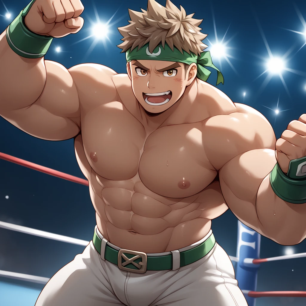 score_9, score_8_up, score_7_up, source_anime, rating_safe, score_6_up, score_5_up, score_4_up, BREAK 1guy, solid dude, gallant beau, blonde, tsurime, sanpaku, blue eyes, spiked hair, 24yo, heavy weight muscular, handsome wrestler, stocky waist, BREAK ideal ratio body proportions, sharp eyes, beautiful detailed eyes, toned body, elder chinpira, dark pupil, masculine playboy, builtfat, tough caucasian, BREAK solo, topless, black wrestling bikini, nipples, abs, fighting stance, on wrestling ring, detailed background, hollywood action, provocative smile, BREAK upperlegs focus, dramatic expression, 1990s, in capcom art style, in color comic style, in game illustration style, depth of field, dutch angle, cinematic shadows, cinematic lighting, lens flare, light leaks, VHS Quality, texture, absurdres absolutely resolution, extreme all detailed, greatest painting, BREAK masterpiece, best quality