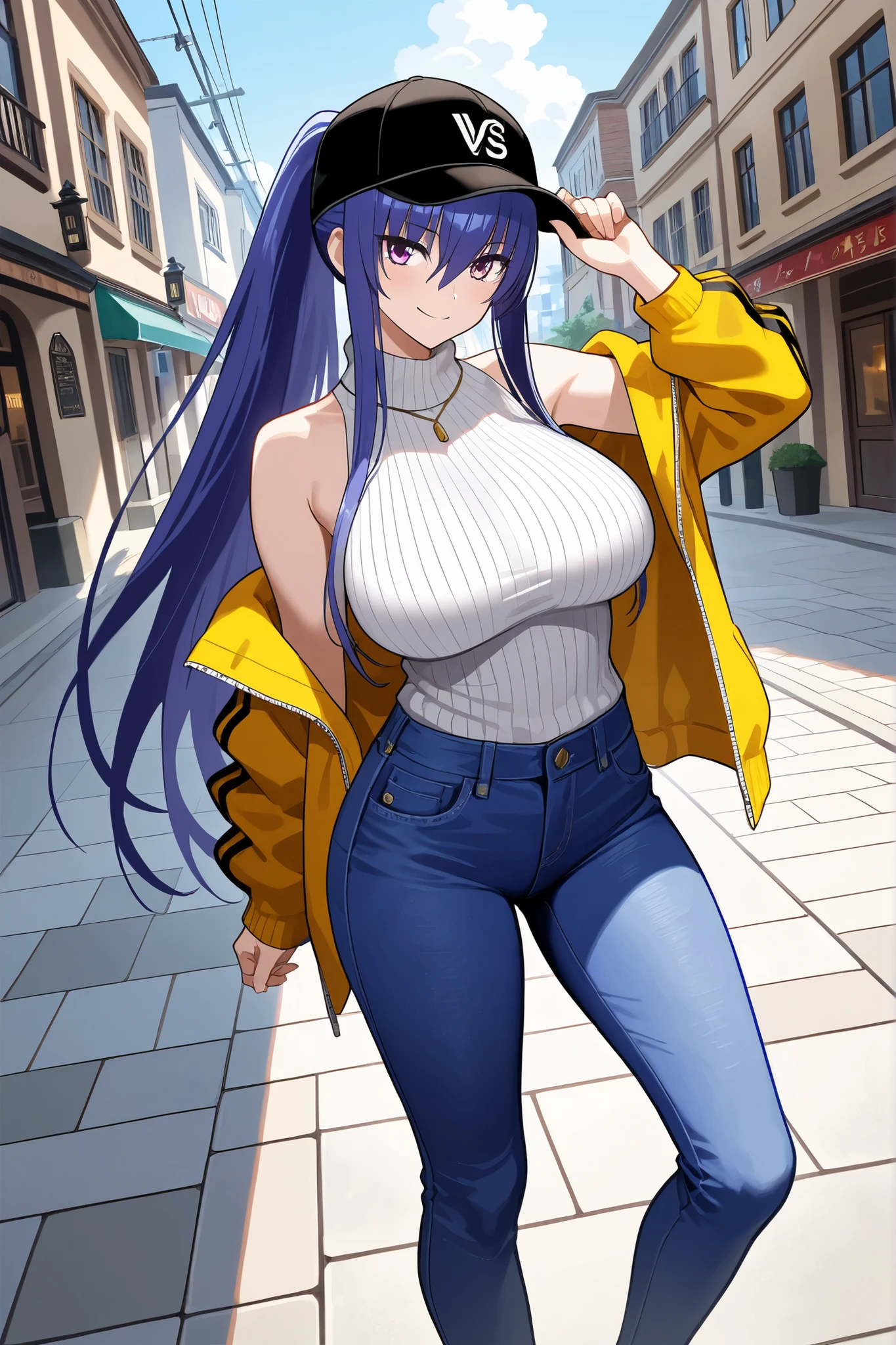 1girl,longhair, long hair, mature female, makeup, eyelashes, blush, lipstick, fur trim, mature female, gloves, fur-trimmed coat, outdoors, rooftop, cityscape, building, railing, night sky, scenery, city lights, jacket, masterpiece,high quality,4k, bare shoulder,belly,crop top,outdoor,cleavage,jeans,casual dress,street,road,smile, open mouth, holding a gun,handgun, evil expression, exposed belly, exposed navel, exposed midriff, exposed lower belly, crop top overhang, underboob, unbuttoned jeans , low rise black jeans, Low rise jeans, Low rise jeans with open fly, 