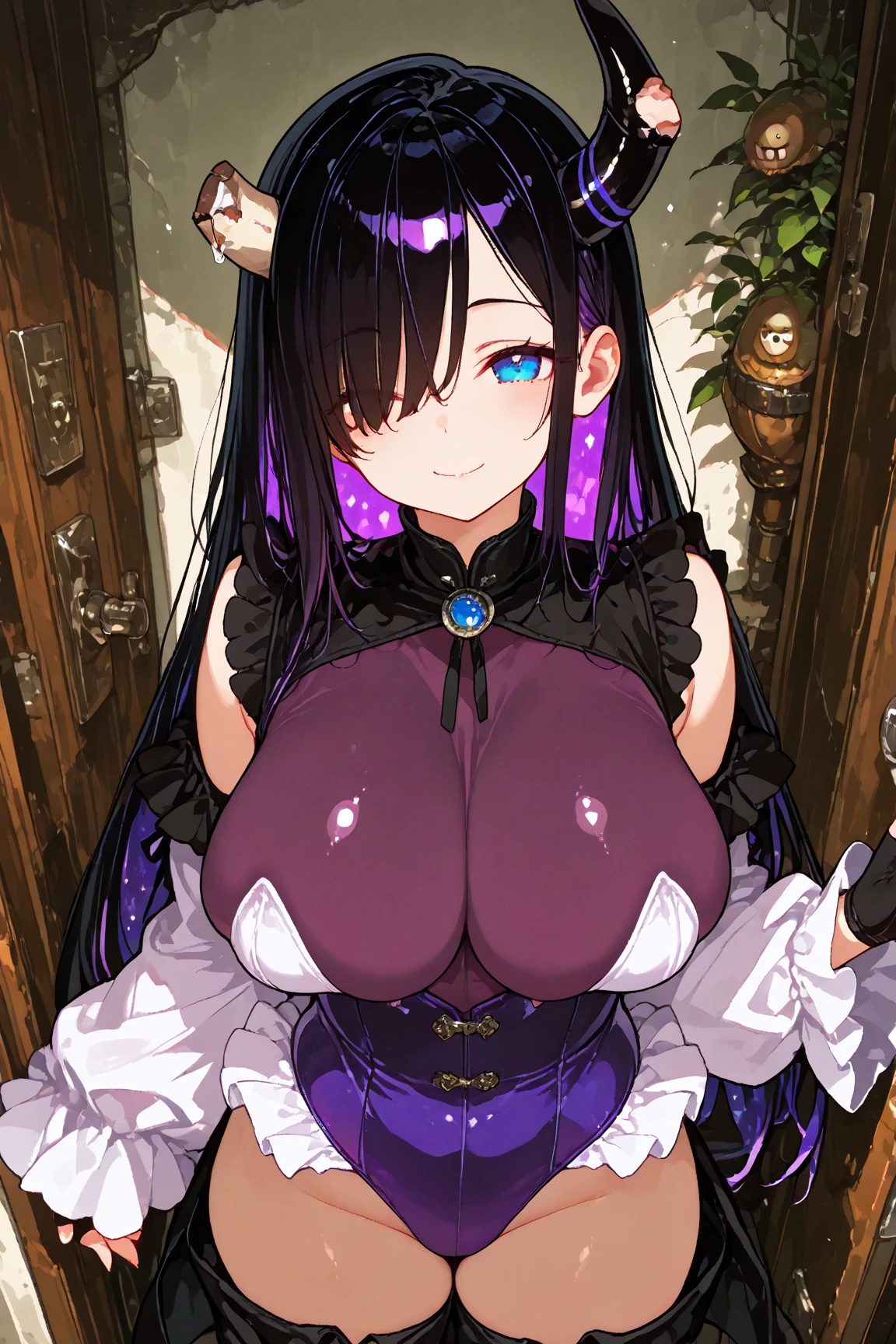 Mature Woman, Huge breasts, lips, Mouth closed, Conceit, Straight Hair, Very long hair, Mischievous face,Succubus Maid