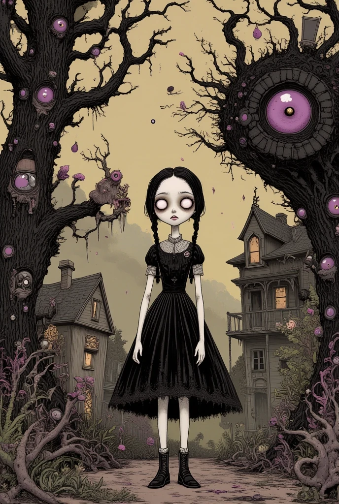 A young Satanichia Karimizhi, With her enormous complacent eyes she looks very attentively at the ants that come out of the tea cups that have geometrically impossible shapes., everything as if it were a Tim Burton dream.