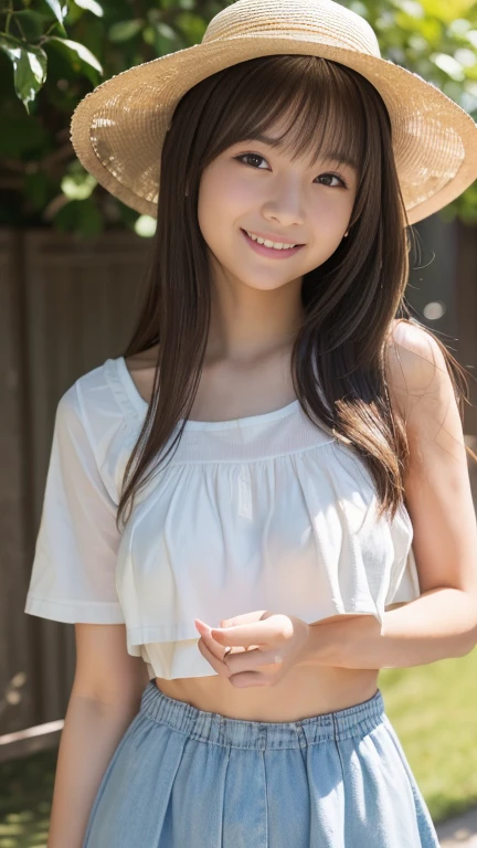 early summer、tanned beautiful girl、sixteen years old、Open your mouth a little、Black hair straight long hair、White summer dress、sheer summer cardigan、