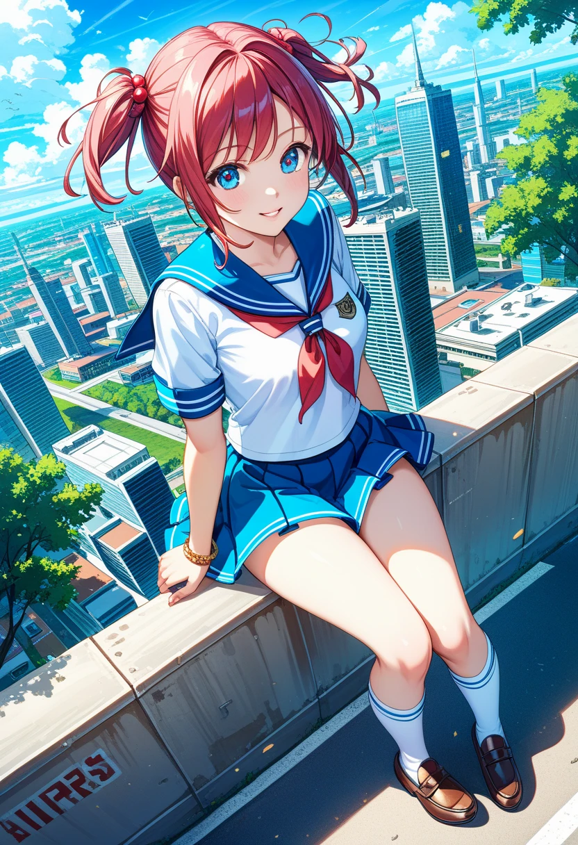 Huge maiden in sneakers,A girl taller than a building,a sailor suit,short skirt,Crouch girl,Train miniature toy on hand, giantess,