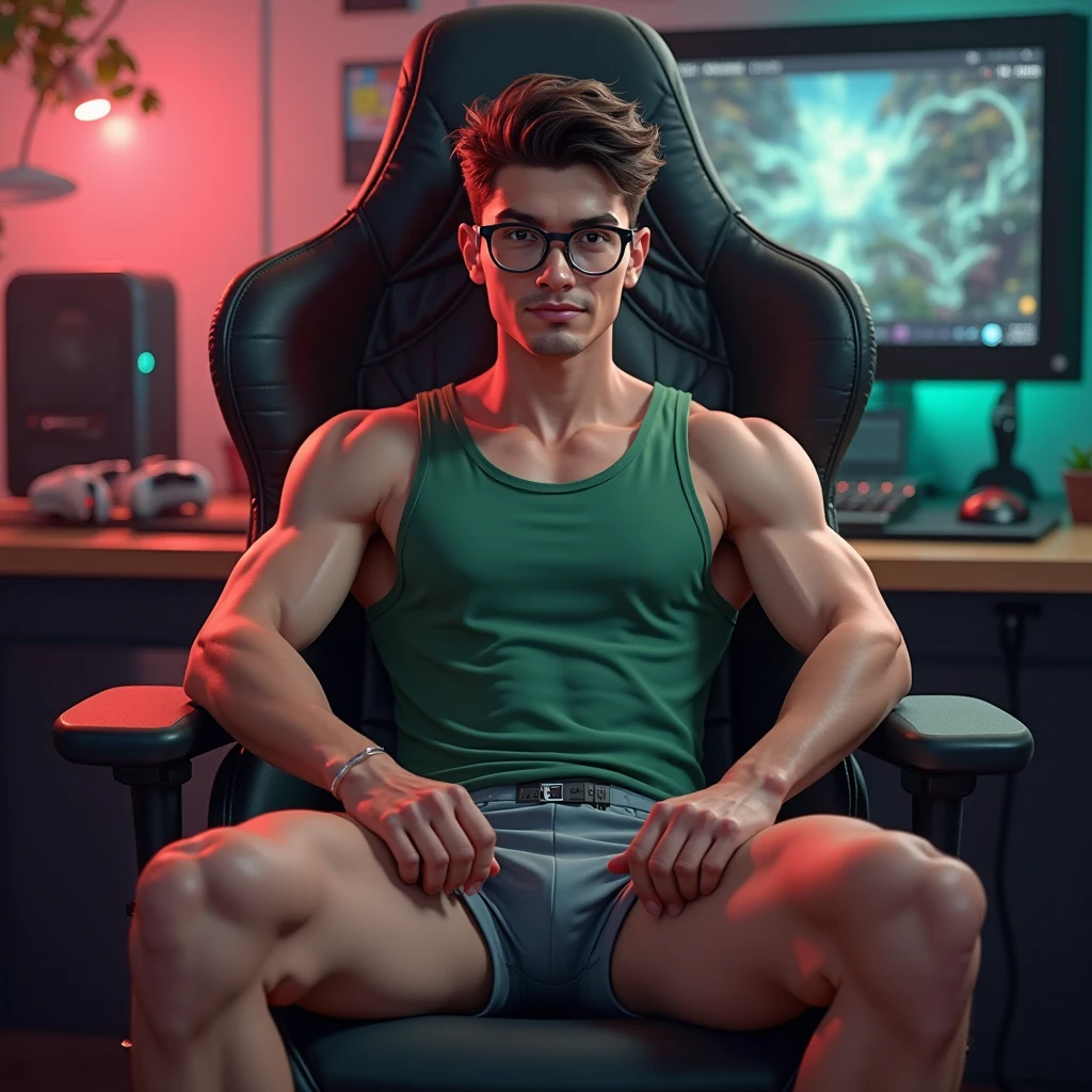 It generates a very handsome young boy with perfect features, with glasses, freckles and a nice smile, he has a muscular body, he has gamer headphones on and he is sitting in a gamer chair, he is completely naked and somewhat sweaty, he has hair on his body, He has a video game console controller in the middle of his legs holding it with his hands, you can see in the background a room with blue LED lights, a screen and video games, his penis is large and very visible.