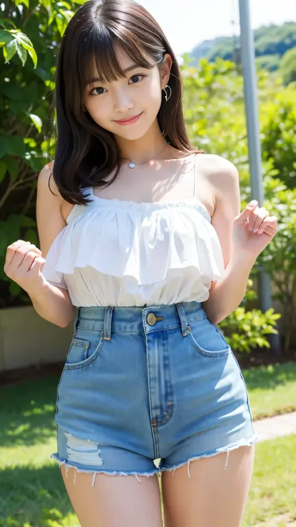 Best-quality, Masterpiece, Ultra-High-Resolution, (Photorealistic:1.4), Raw-Photo, 1girl, 12-years-old, the most famous Japanese idol, wearing spring-clothes with cute design, (extremely cute face like the most popular Japanese idol, (extremely beautiful big-eyes)), extremely beautiful black-hair, extremely beautiful skins, extremely beautiful long-eyelashes, extremely beautiful lips, extremely beautiful shoulders, extremely beautiful short-body, extremely beautiful thighs, innocent-smile, looking at viewer