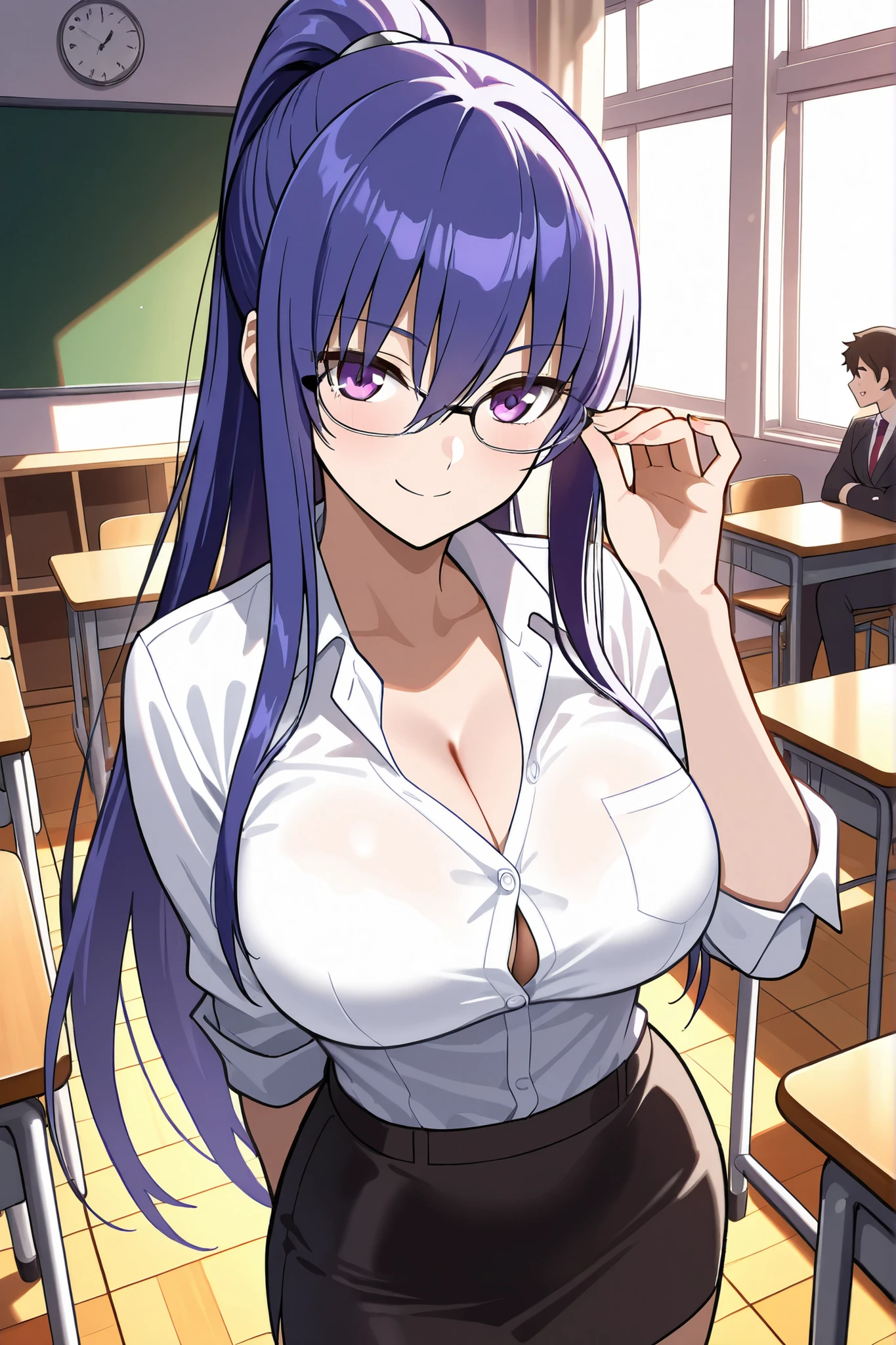 raiden shogun, 1girl, solo, long hair, breasts, looking at viewer, blush, smile, bangs, large breasts, shirt, long sleeves, cleavage, closed mouth, purple eyes, collarbone, white shirt, purple hair, braid, pantyhose, thighs, alternate costume, collared shirt, indoors, nail polish, mole, black pantyhose, mole under eye, window, dress shirt, single braid, leaning forward, clothes pull, desk, brown pantyhose, braided ponytail, contemporary, purple nails, classroom, pantyhose pull, partially unbuttoned