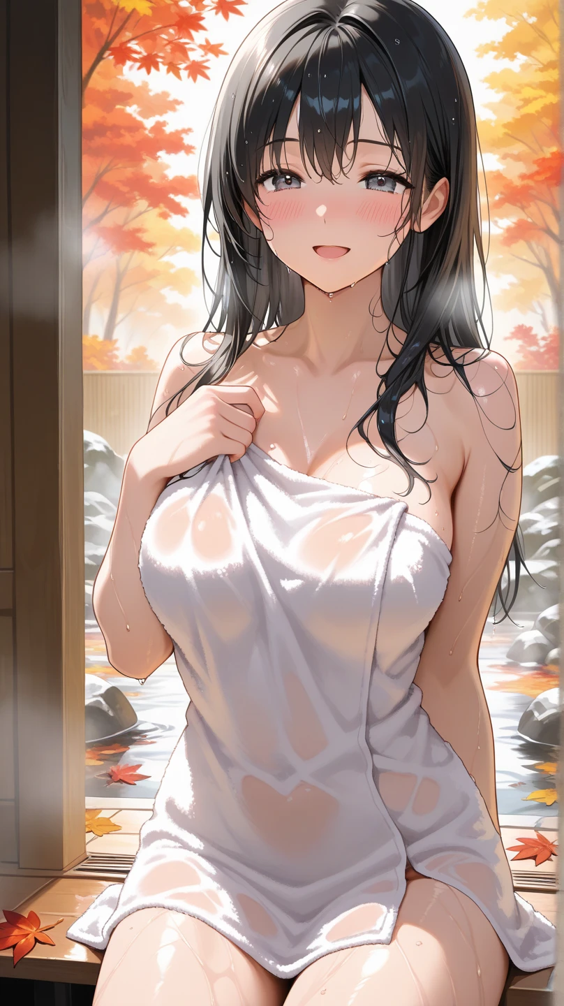 Hime cut with long black hair、Has straight bangs and blue eyes、A girl with big breasts is relaxing in a hot spring。She is hiding her lower body from the chest down with a bath towel、Immerse yourself in warm water up to your chest。The background features a traditional Japanese hot spring landscape.、Steam rises、Nature is all around。The girl has a calm and satisfied look.。