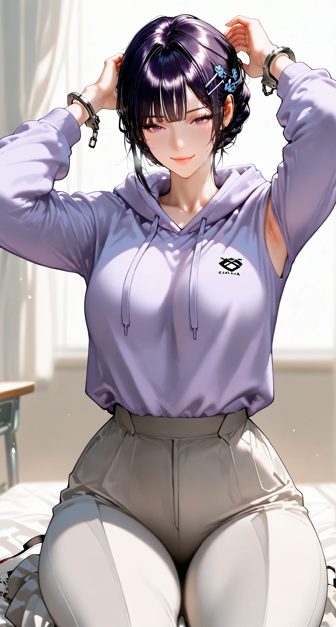 1 girl，hairpin hairstyle，black hair, Cold,       high detail,  realistic photo，   high details, high quality, best quality, dark purple eyes, brunette,  beautiful, tall, emotionless,    ，｛hairpin hairstyle｝ , weakly happy    , medium,  Light purple eyes , ((feminine )), ((   handsome female face)),     handsome, bite_1024, ( wearing a light purple hoodie),     masterpiece, full body, alone,    blurred background    ， white background, Cold expression (close up),  light atmosphere  , background classroom，1 girl, , perfect face, White hair，，extra thick thighs，Full image，extra thick thighs，hair that highlights the thighs  ，light purple hoodie，tall，tall ，cicadas are lying down slightly now，   long pants，light gray-blue Japanese pants，｛    long pants｝，take a light blue rose， Eyes and Lips 、 bangs、smiling skin、eyebrow、Meat quality。Lower eyelashes，   normal neck   ， medium  ，armpit，charming smile，衣服Armpits破口，｛Real face with clear facial features｝，South Korea，Armpits， and handcuffs，Clothes connect to cuffs，The presence of cuffs to connect clothes，Tall，Layered pants，Medium Breast，Long sleeve hoodie