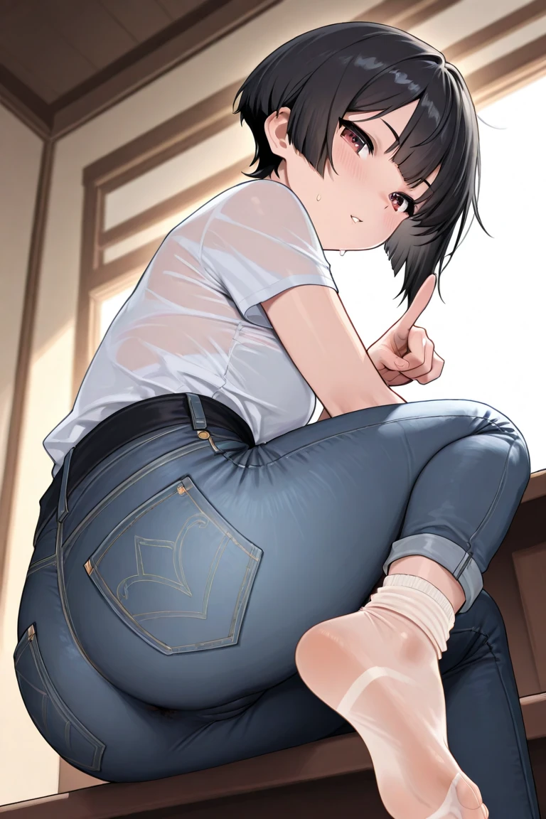 Cute anime girl, naked no clothes, on knees bending down, side view black bimbo bikini, vibrant background, toys on the floor in backgroun, colorful background with toys, standing in school, standing by window, black hair, completely naked, no clothes, skin showing, bending over, man infront, sucking mans penis, man pants down, man body infront,