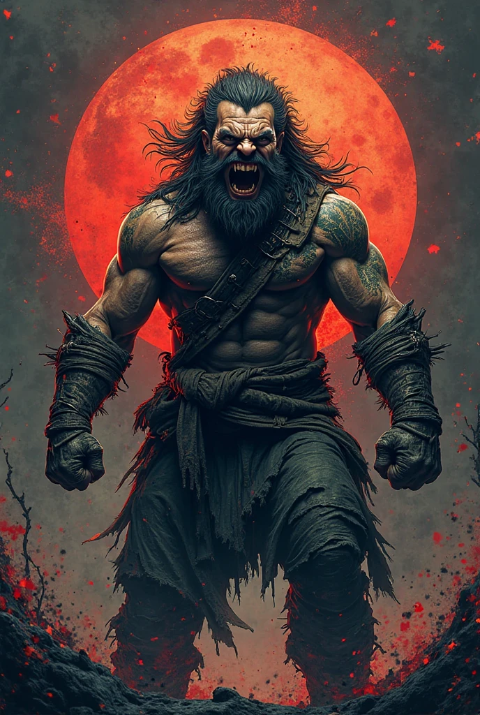 ghost, A mighty and fearsome monster, Red skin and horns, Huge body, Sharp Fangs, Carrying a weapon, Cave deep in the mountains, Background engulfed in flames, Angry expression, Powerful pose
