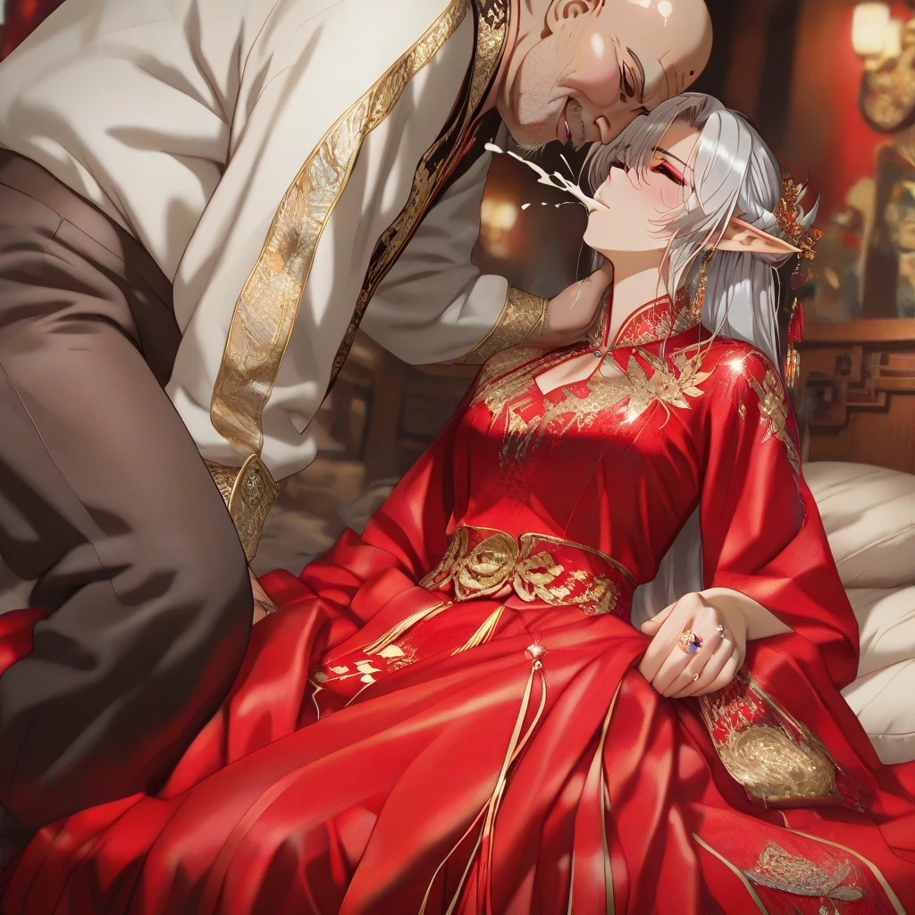 ((Highest quality)), ((masterpiece)), (detailed), （Perfect Face）、A naked man and a woman are having intense, insemination sex and making love, and the woman accepts the man, hugs him, accepts his penis into her pussy, and gets a huge , and they are having love and insemination sex.、The woman is a Chinese beauty, wearing a gorgeous, glittering red Hanfu with lots of gold embroidery, a gorgeous hair ornament, gorgeous jeweled accessories and an engagement ring. The man and woman are sitting on a gorgeous, large sofa in a gorgeous room, and the woman is passionately embracing and passionately kissing the middle-aged Chinese man wearing a dignified and sturdy Hanfu, making passionate love as husband and wife.、The woman is an elegant Chinese beauty with blue, medium-long hair and a red Hanfu with gorgeous gold embroidery all over it.、The man is a dignified, muscular, bearded, middle-aged Chinese man.