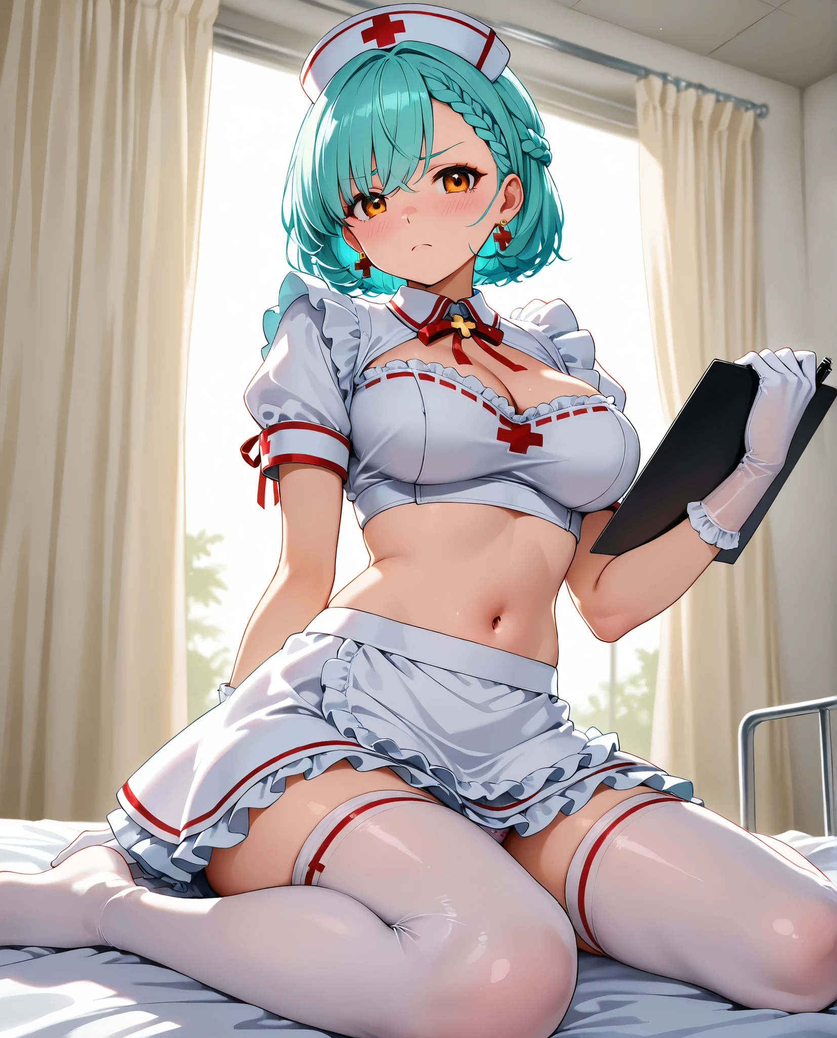 1girl, (solo), absurdres, aqua hair, short hair, braided bangs hairstyle, orange_eyes, golden_eyeshadow, apron cleavage clipboard crop_top cross detached_collar earrings frilled_skirt frills frown gloves hat holding holding_clipboard holding_pen hoop_earrings jewelry large_breasts looking_at_viewer navel nurse nurse_cap panties panty_peek pen red_cross ribbon-trimmed_shirt ribbon-trimmed_skirt ribbon-trimmed_thighhighs ribbon_trim shirt sitting skirt thighhighs hospital_background scenery underwear waist_apron wariza white_apron white_gloves white_thighhighs