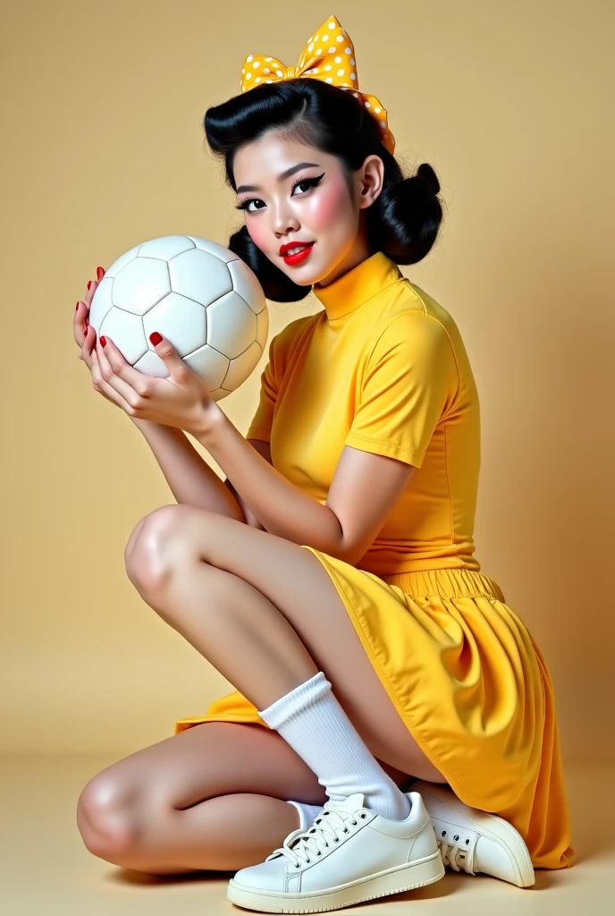Asian girl holding dressed as a football referee with polka dots in pinup style