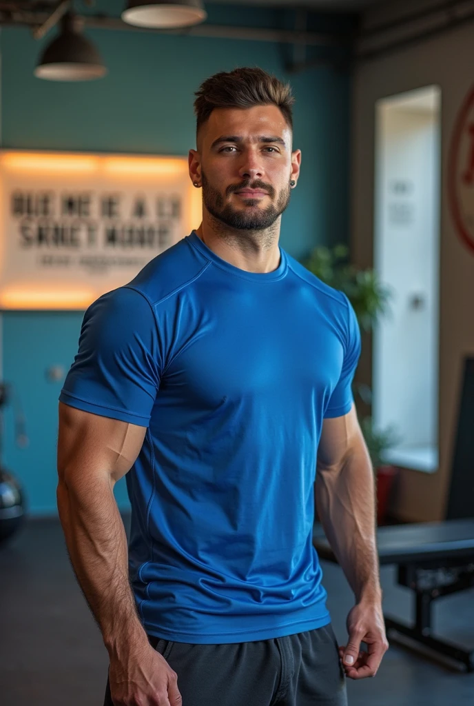 man with toned physique wearing a blue tank top at the gym