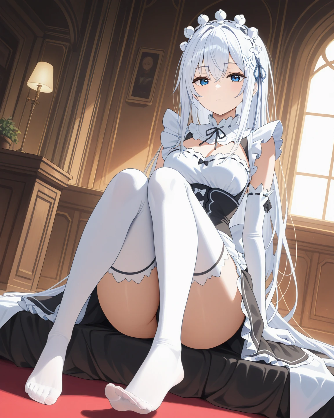 Anime girl sitting on bench with cat ears and white dress, white dress !! Silver hair, cute anime Huaifu in beautiful clothes, white hair god, loli in skirt, girl with white hair, perfect girl with white hair, white hair, guweiz on the pixiv art station, flowing white hair, long white hair, long white hair, white pantyhose with a lot of sweat,