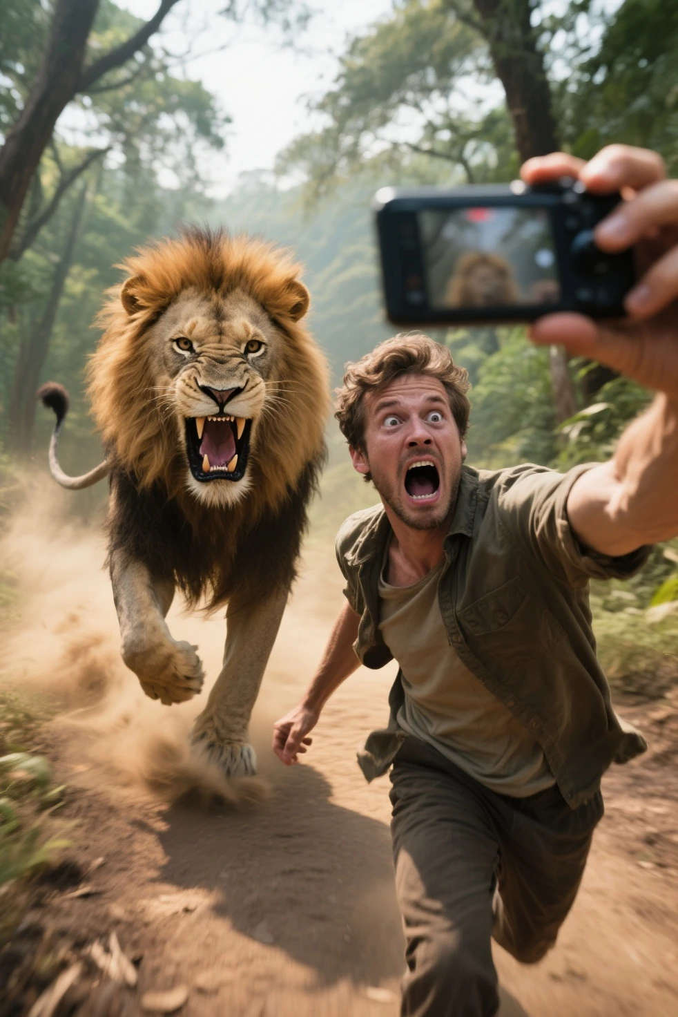 A teenage girl nervously holds up her phone for a selfie as a massive lion, with its mouth wide open in a fierce roar, stands beside her. The girl's expression is a mix of awe and terror, her hair and the lion’s mane both being blown by a strong wind. The savanna stretches out behind them, with the setting sun casting long, dramatic shadows.